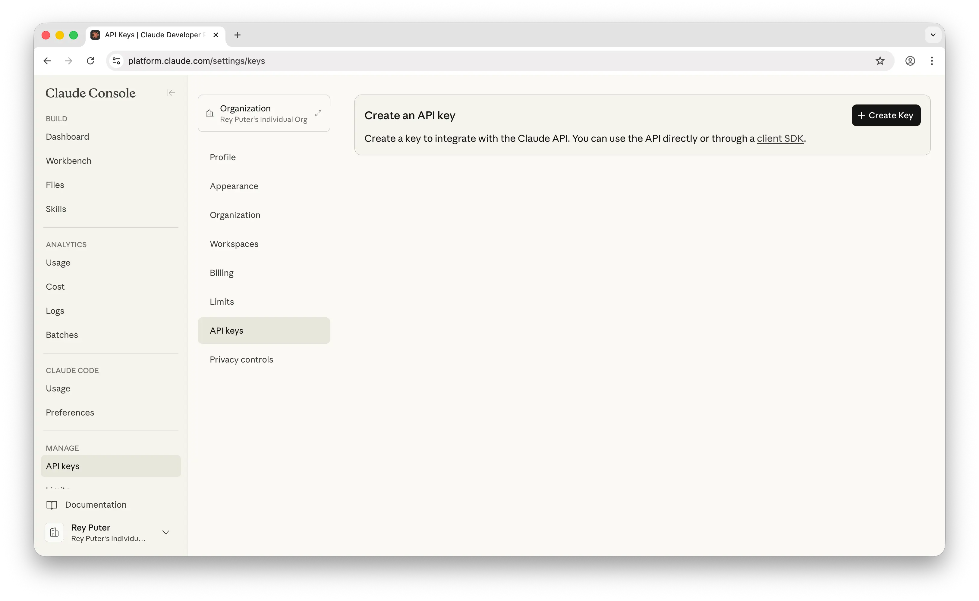 Anthropic API keys page in the sidebar