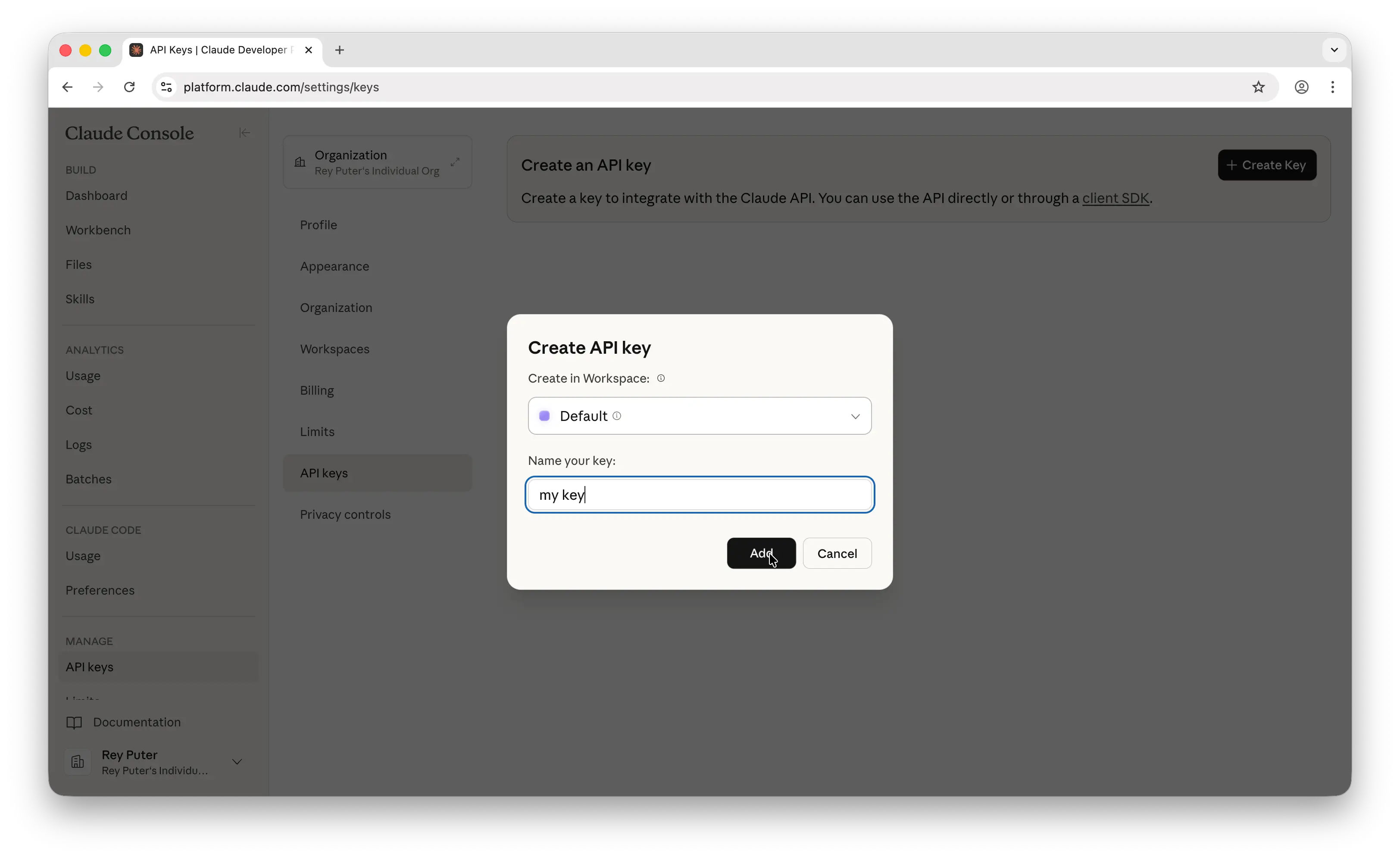 Anthropic create new API key dialog