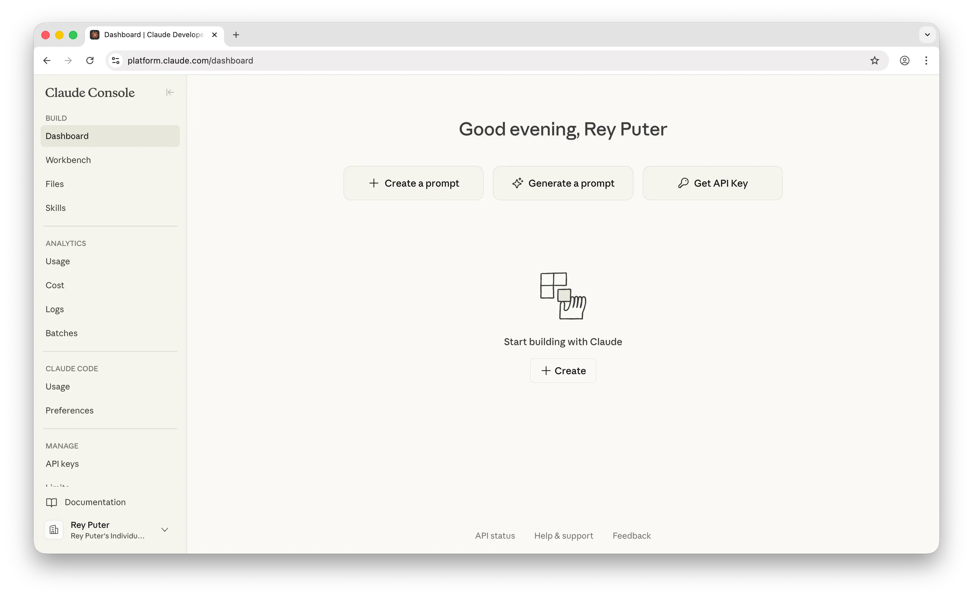 Anthropic API console dashboard
