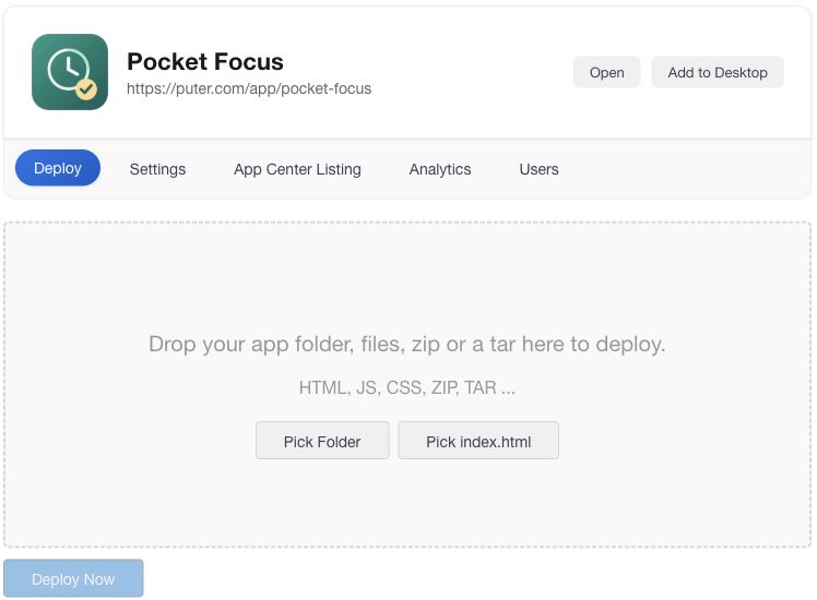 Pocket Focus management page showing its Puter app link
