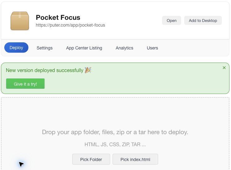 Dev Center confirming that Pocket Focus was deployed