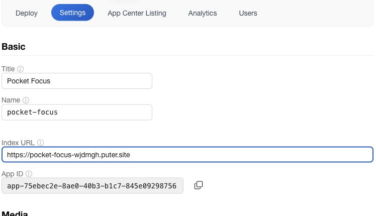 Index URL field in Settings with Pocket Focus's public website URL