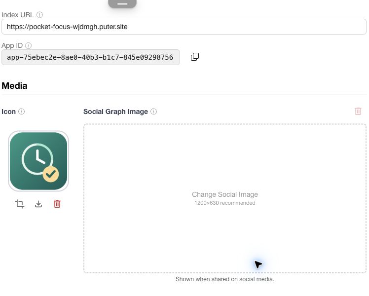 Settings for the Pocket Focus app, including its icon and social image fields