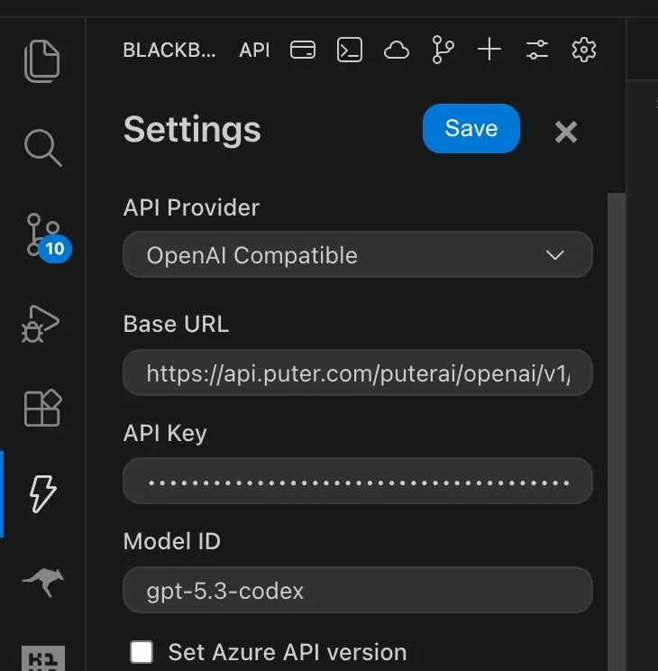 BLACKBOX AI configured with Puter base URL and auth token