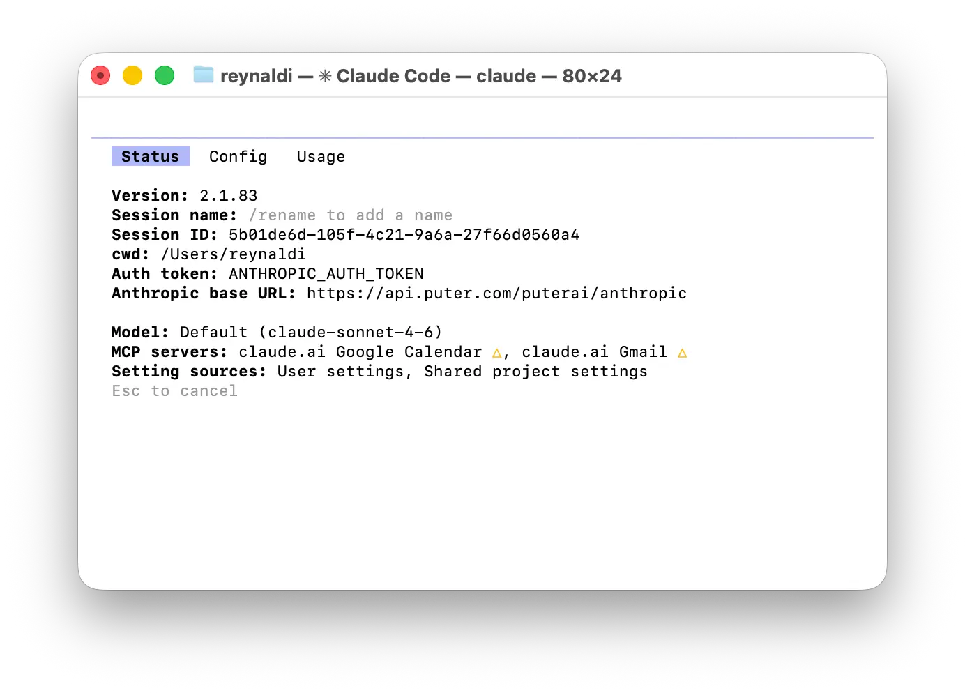 Claude Code status showing Puter base URL