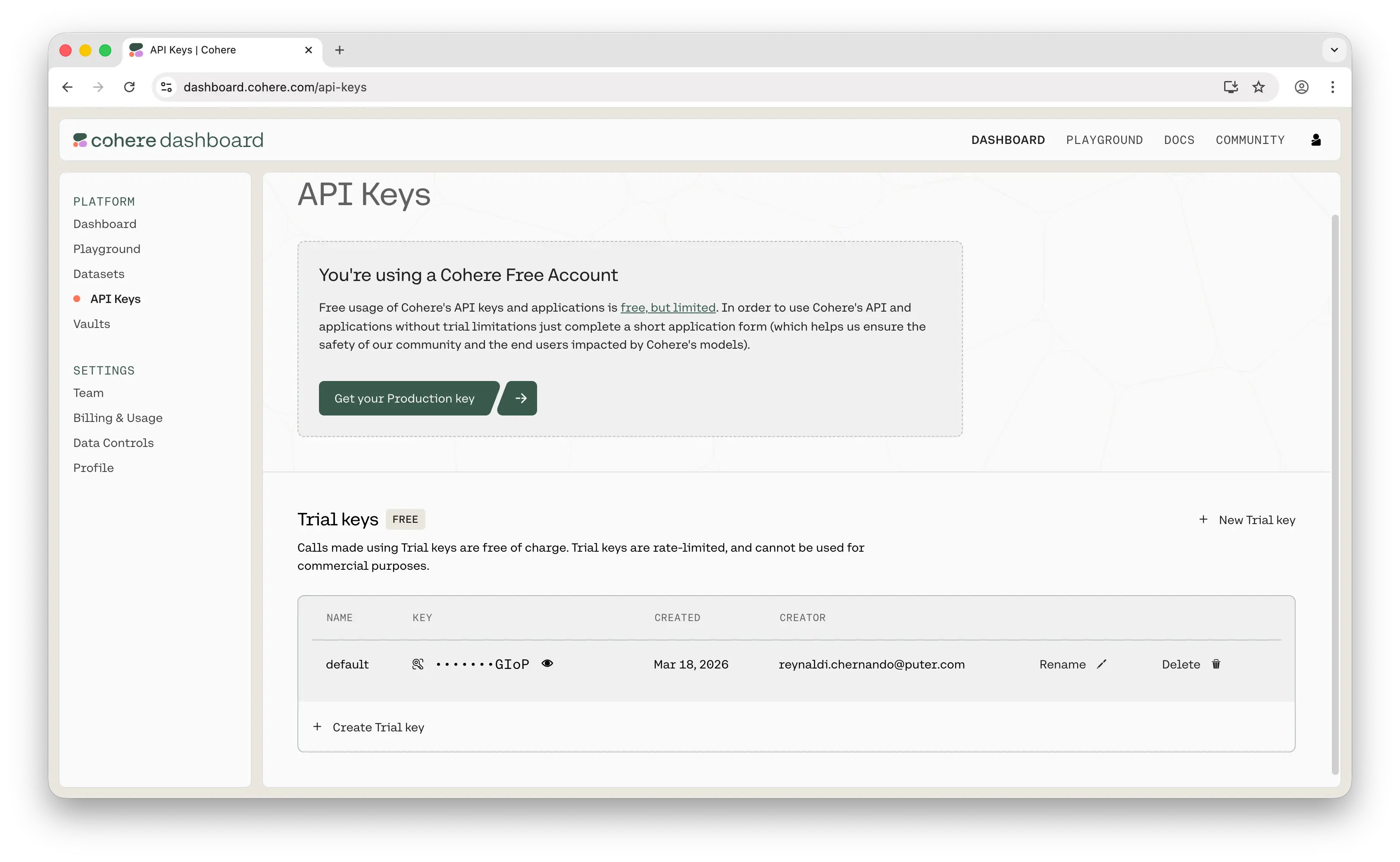 Cohere API keys page showing trial key