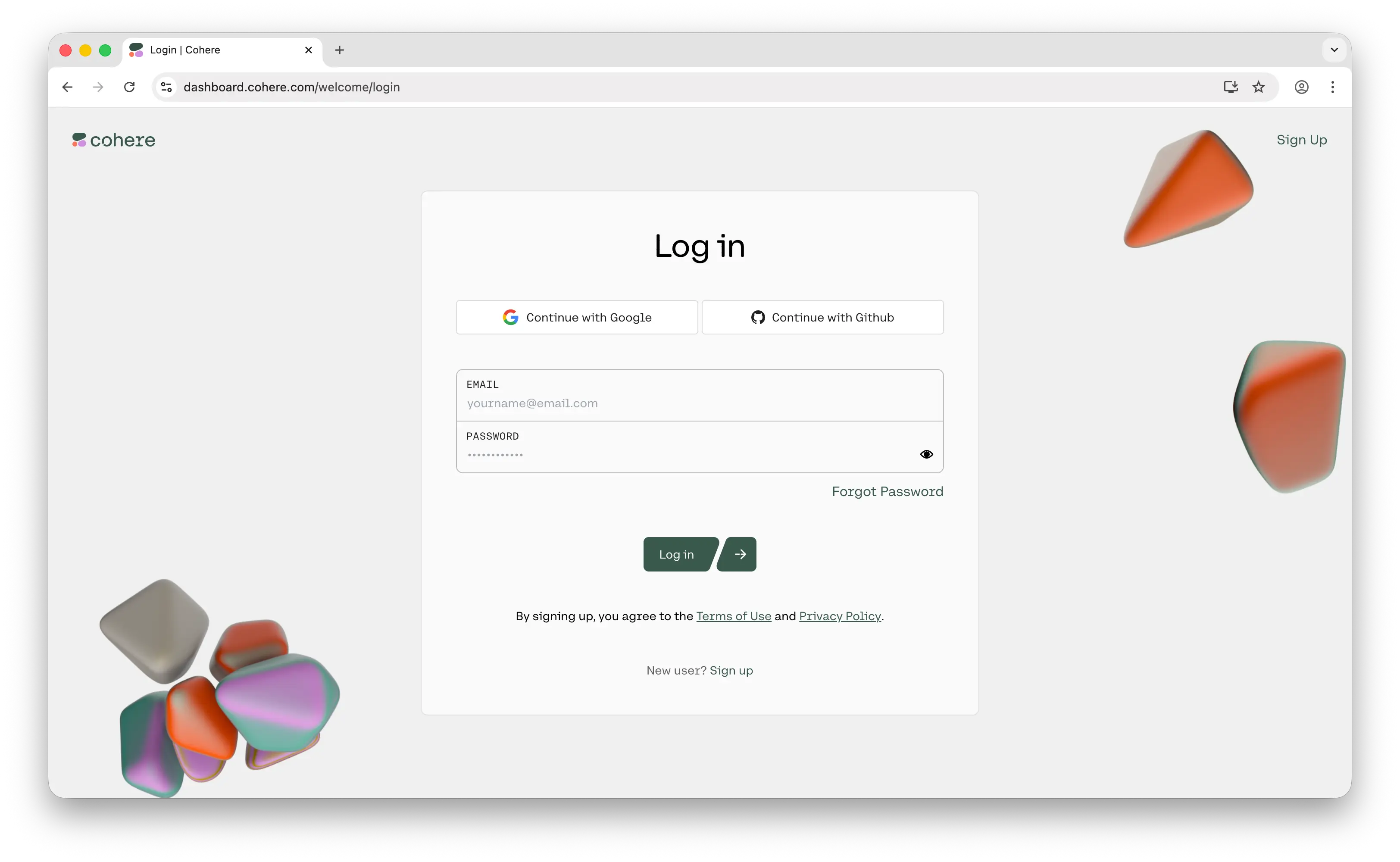 Cohere dashboard landing page