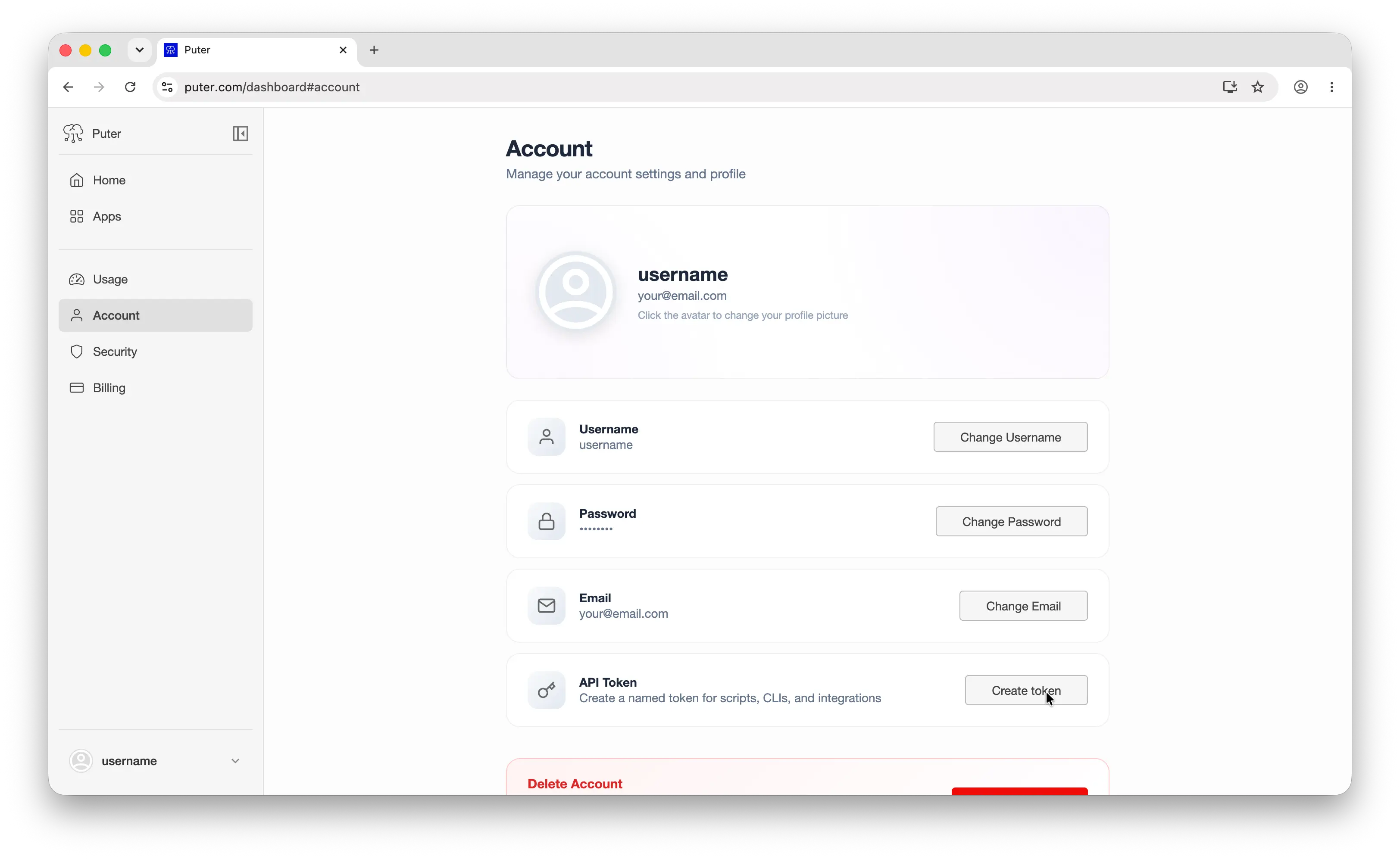 Puter create auth token