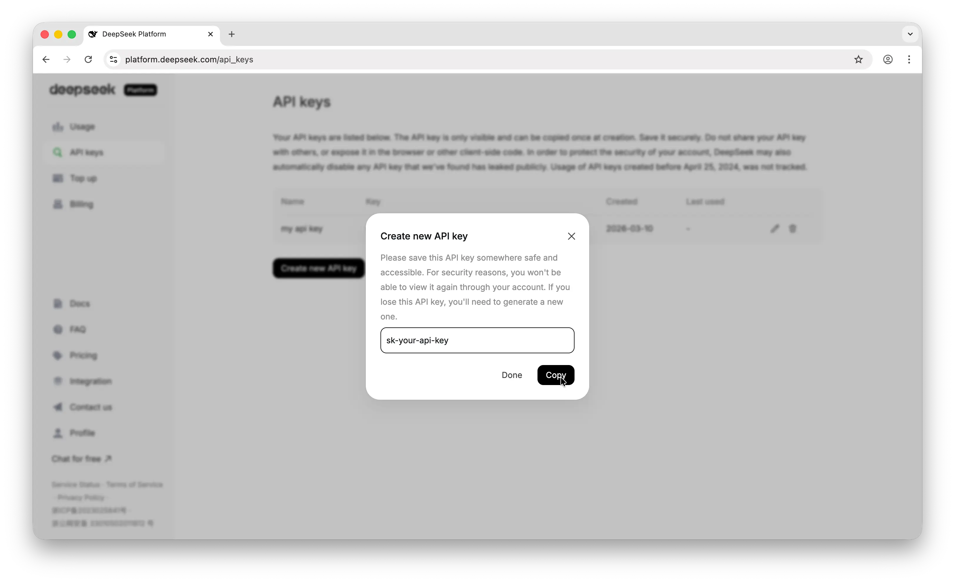 DeepSeek API key revealed with copy button