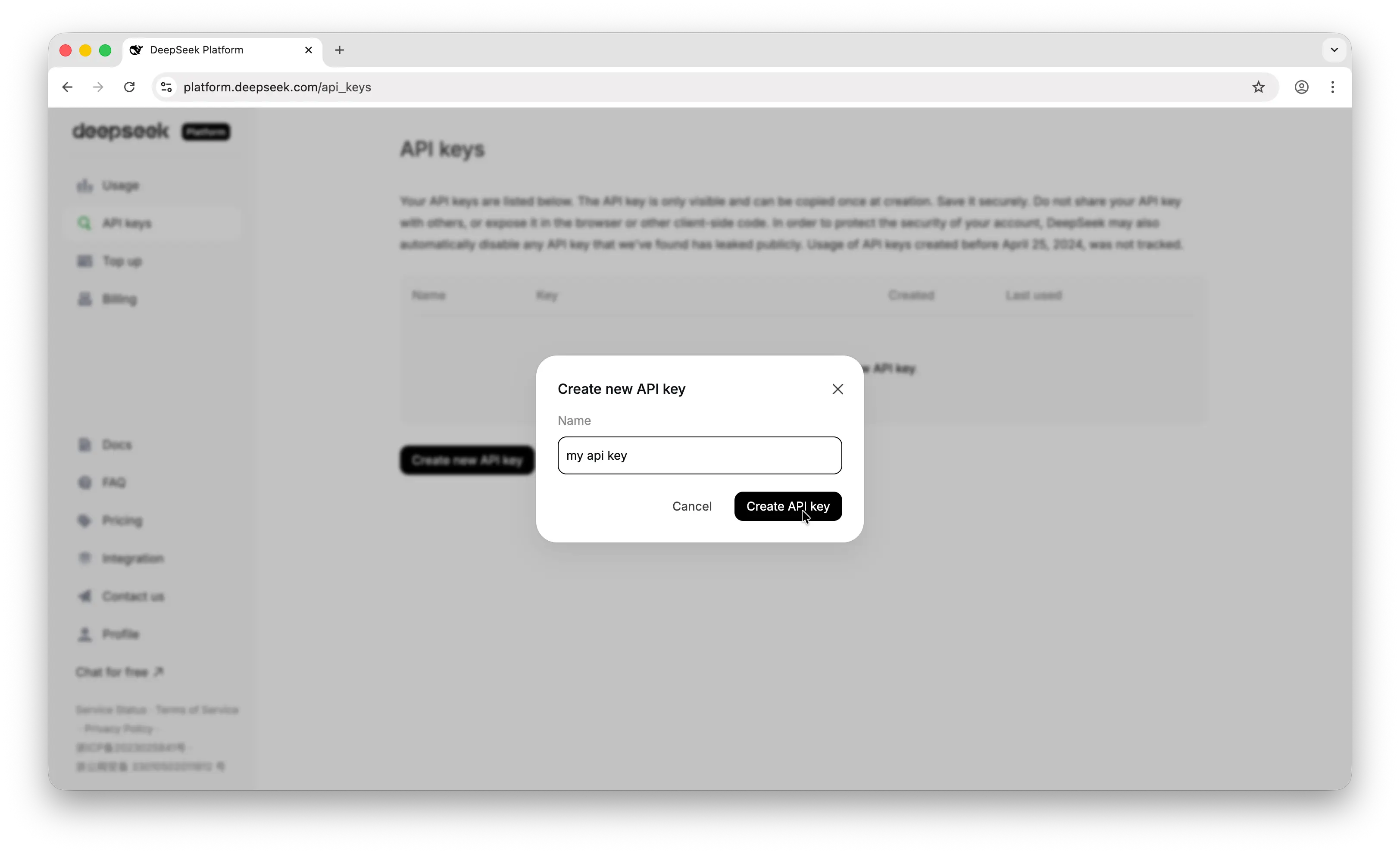 DeepSeek create new API key dialog