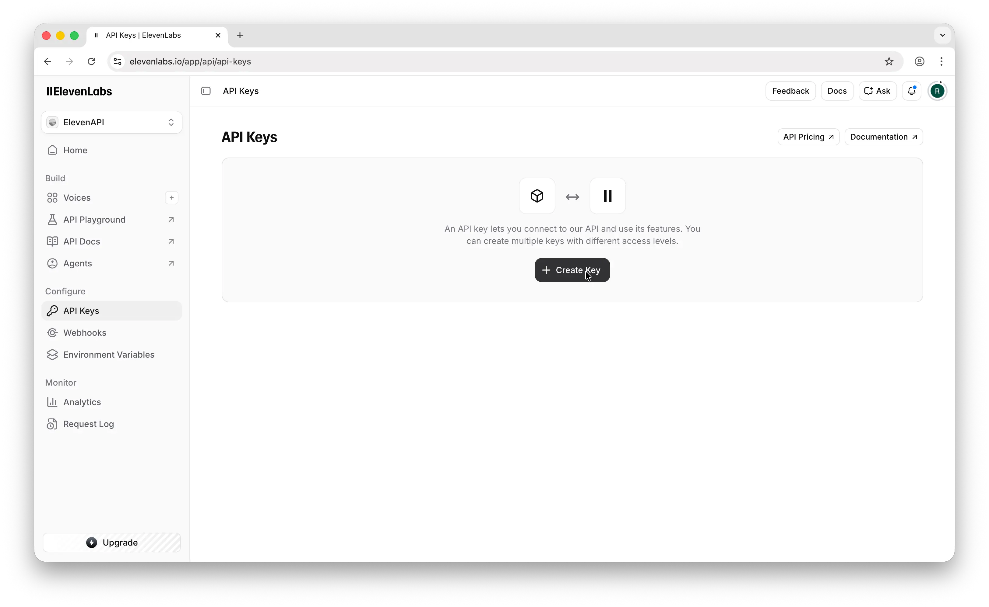 ElevenLabs API keys page