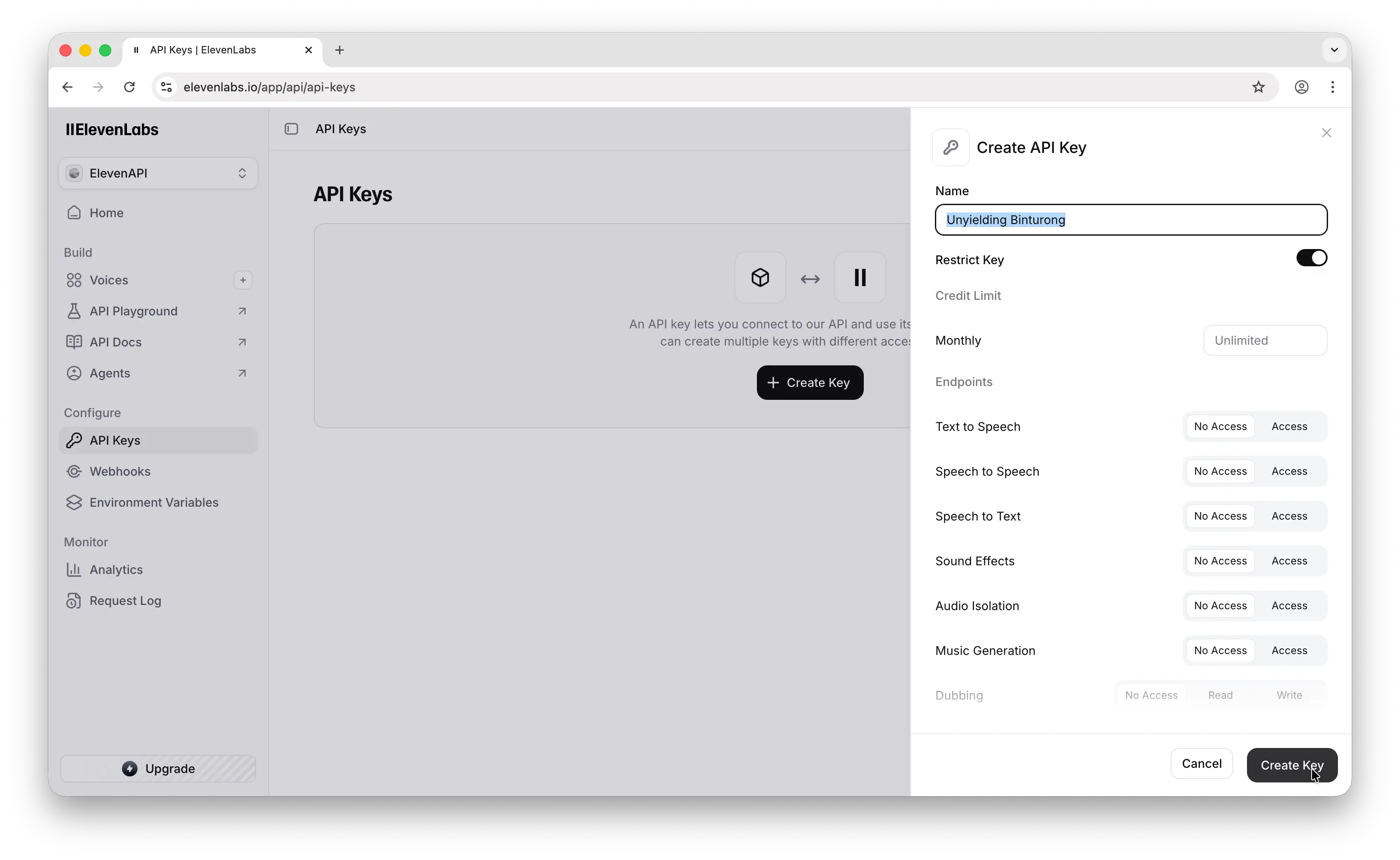ElevenLabs create API key dialog with name, restrictions, and permissions