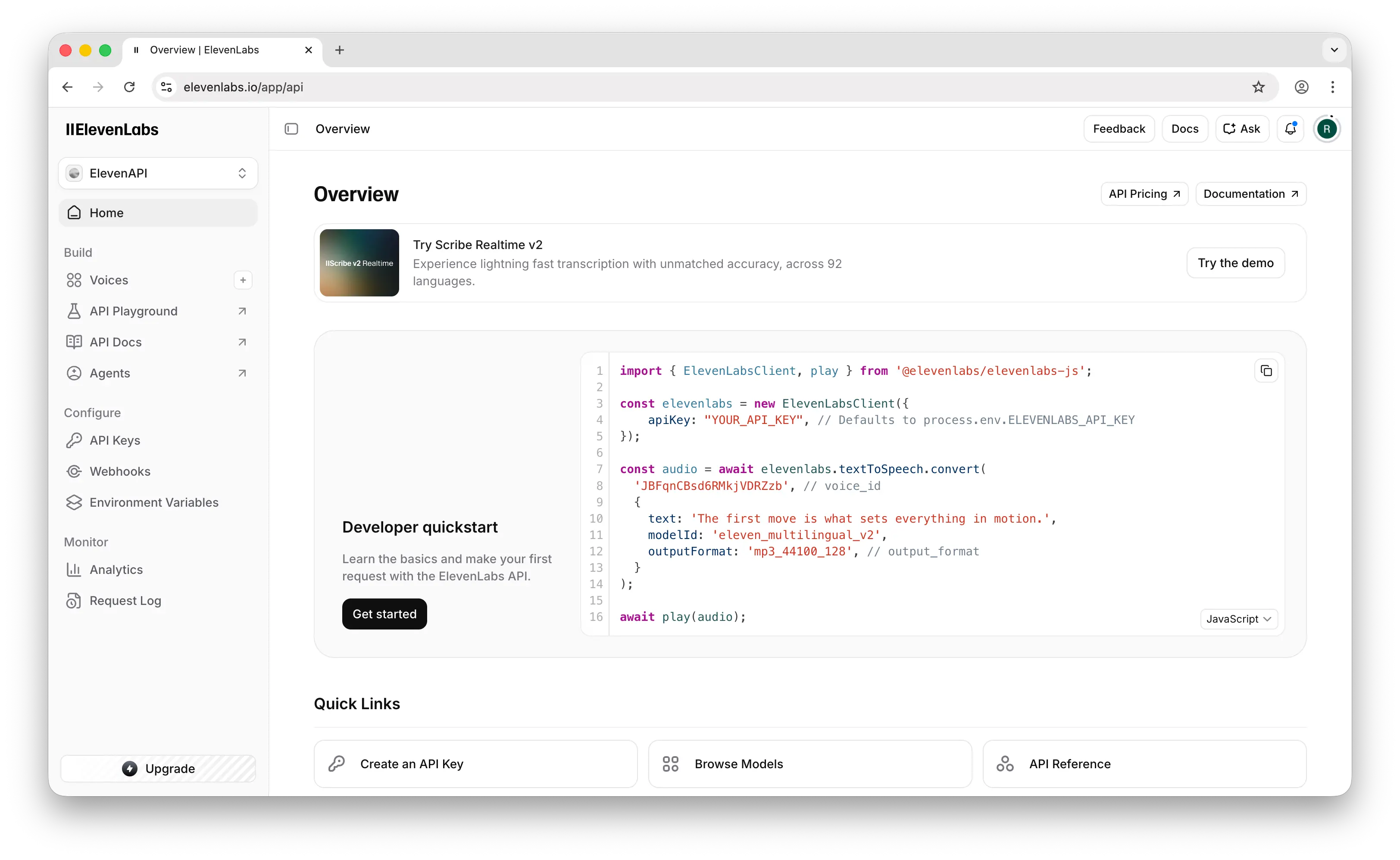 ElevenLabs dashboard