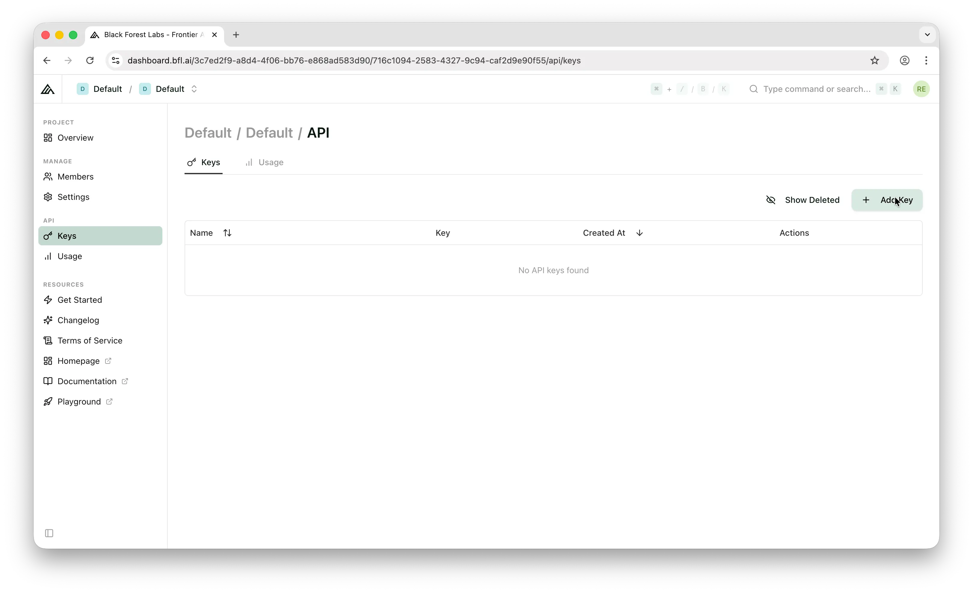 Black Forest Labs API key page with Add Key button