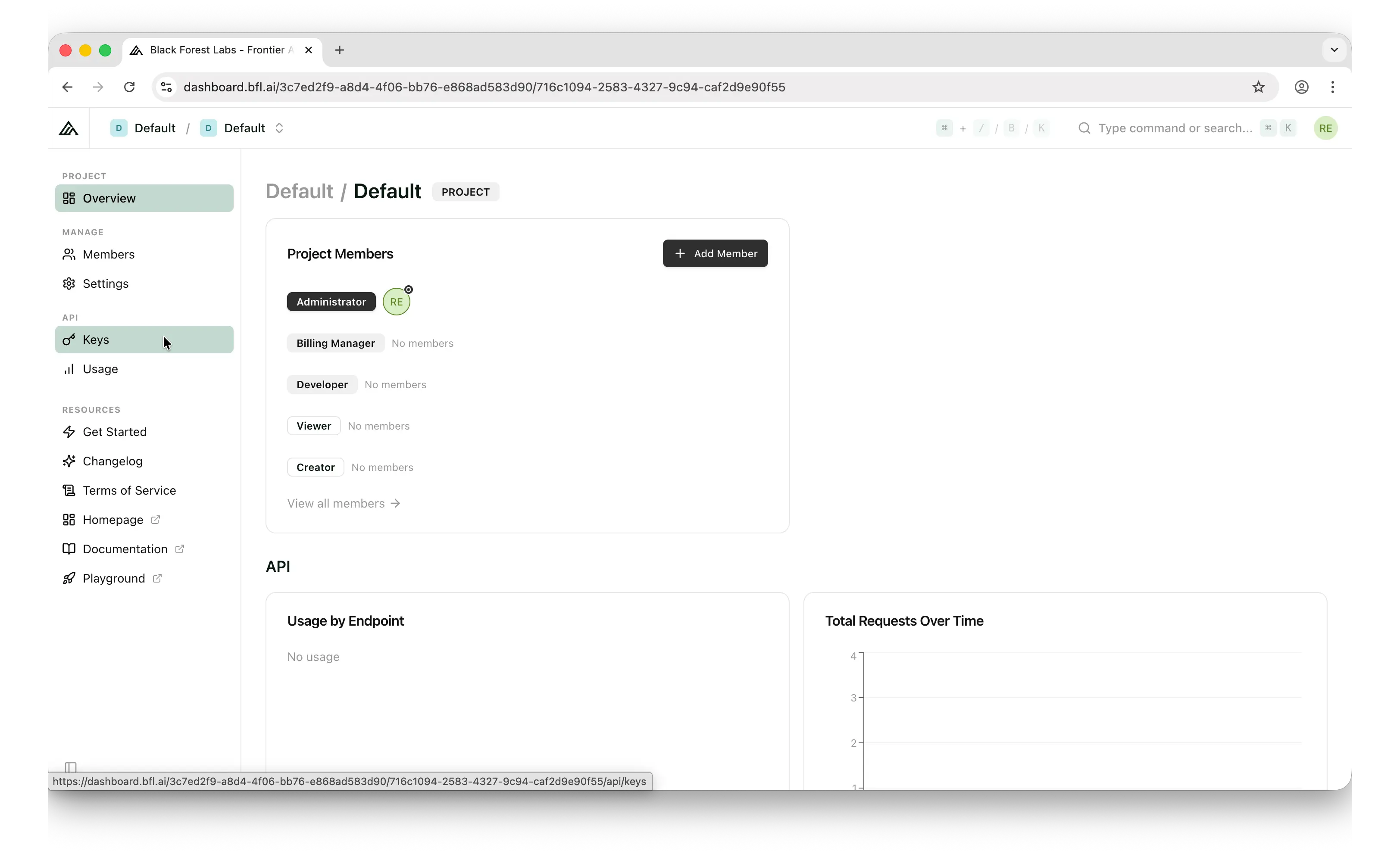 Black Forest Labs sidebar with Keys menu under API group