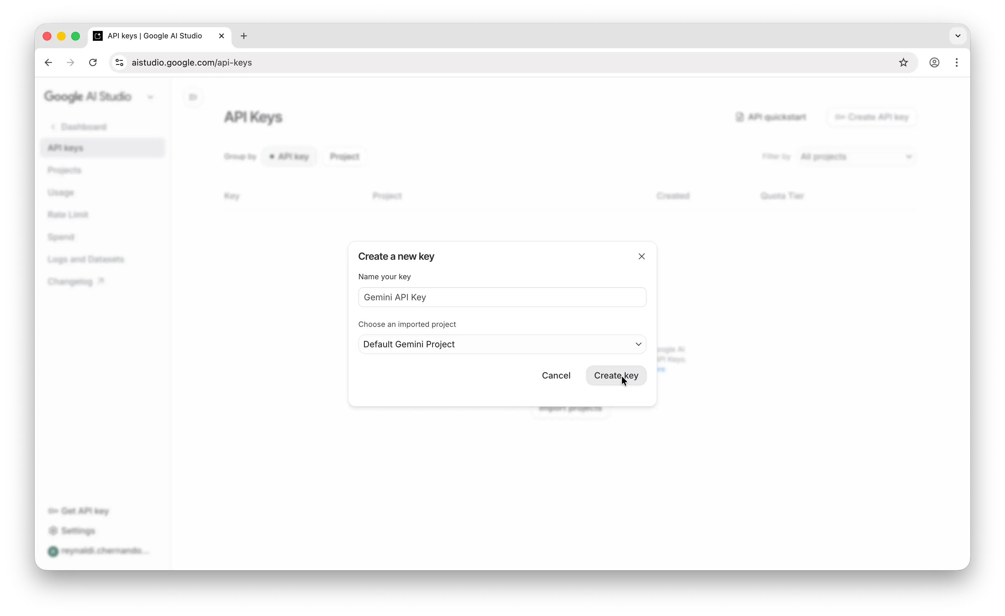 Google AI Studio create API key dialog