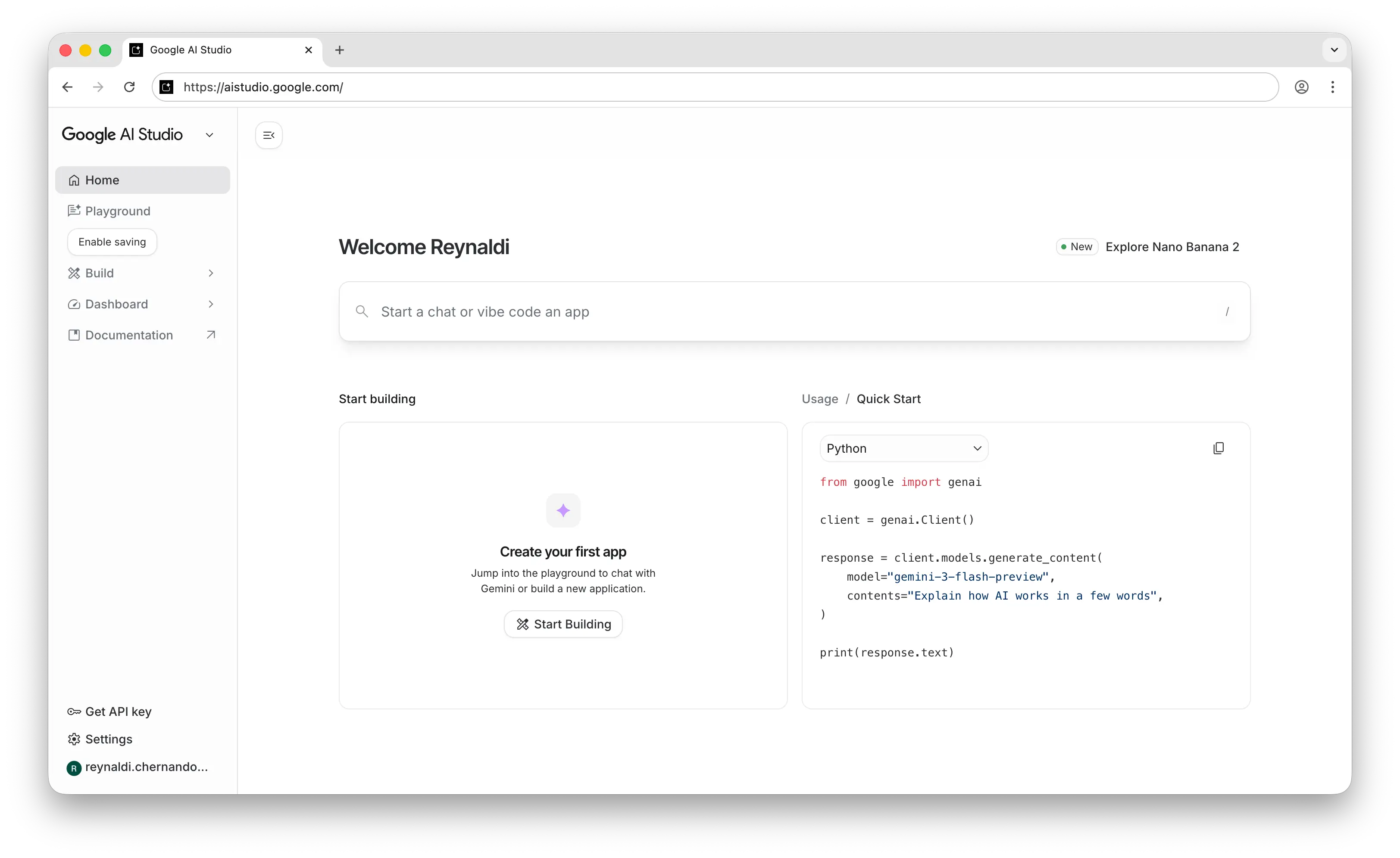 Google AI Studio dashboard