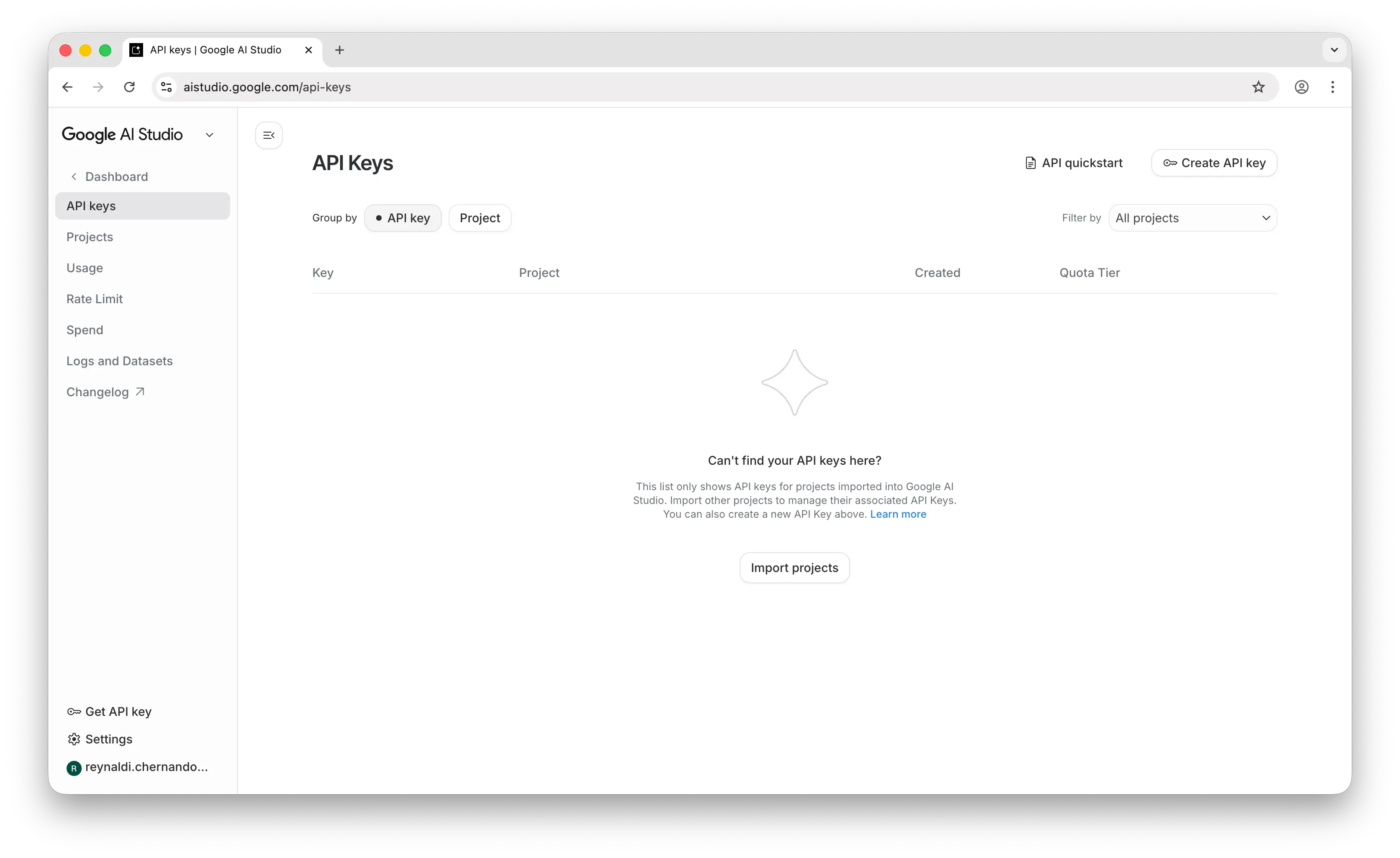 Google AI Studio Get API key page