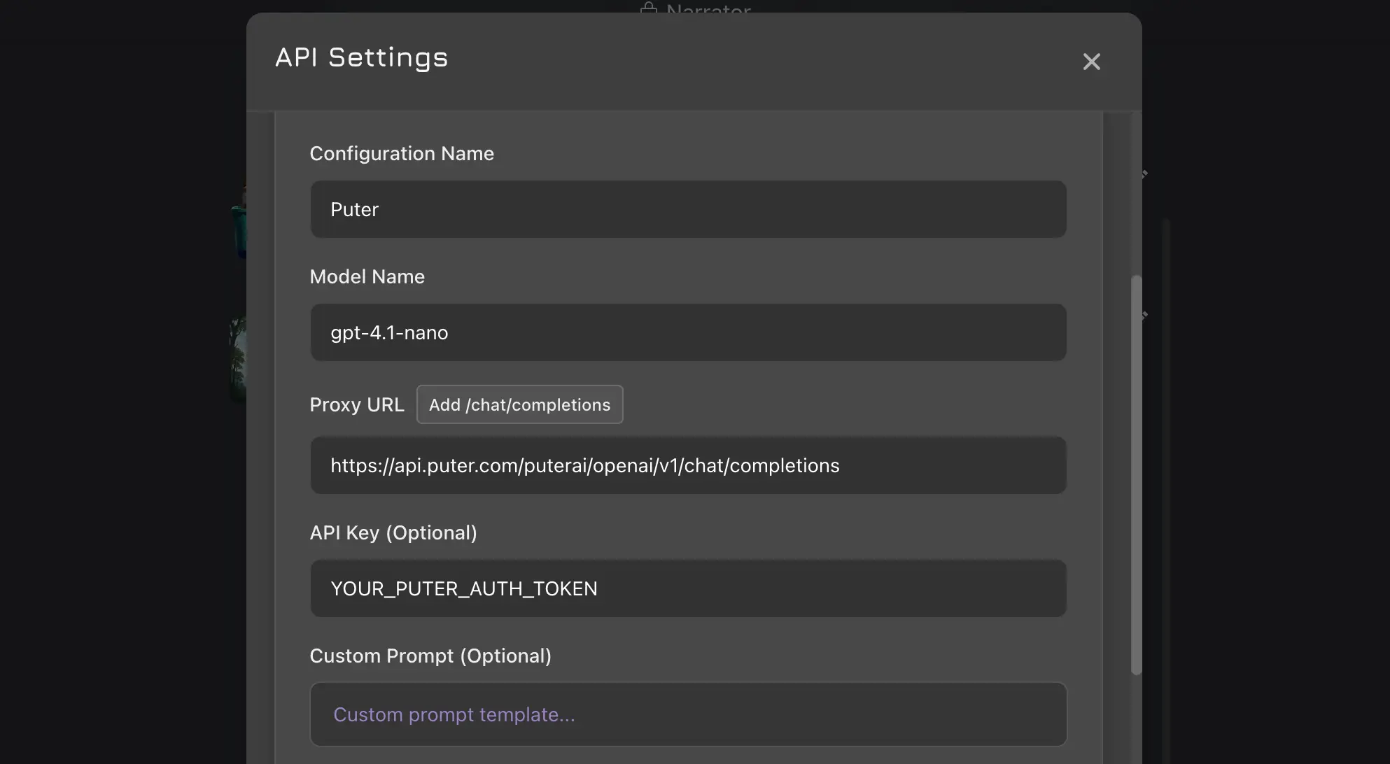 Janitor AI proxy configuration with Puter endpoint and auth token