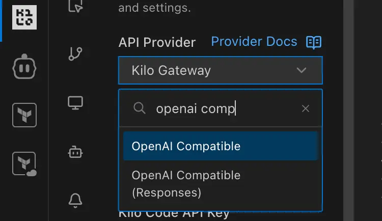 Select OpenAI Compatible as API provider in Kilo Code