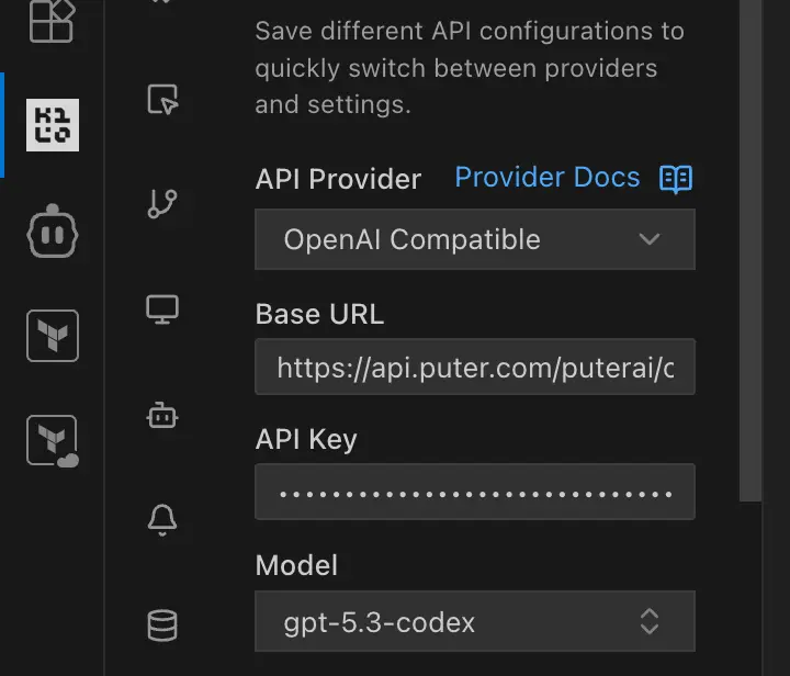 Kilo Code API configuration with Puter base URL and auth token
