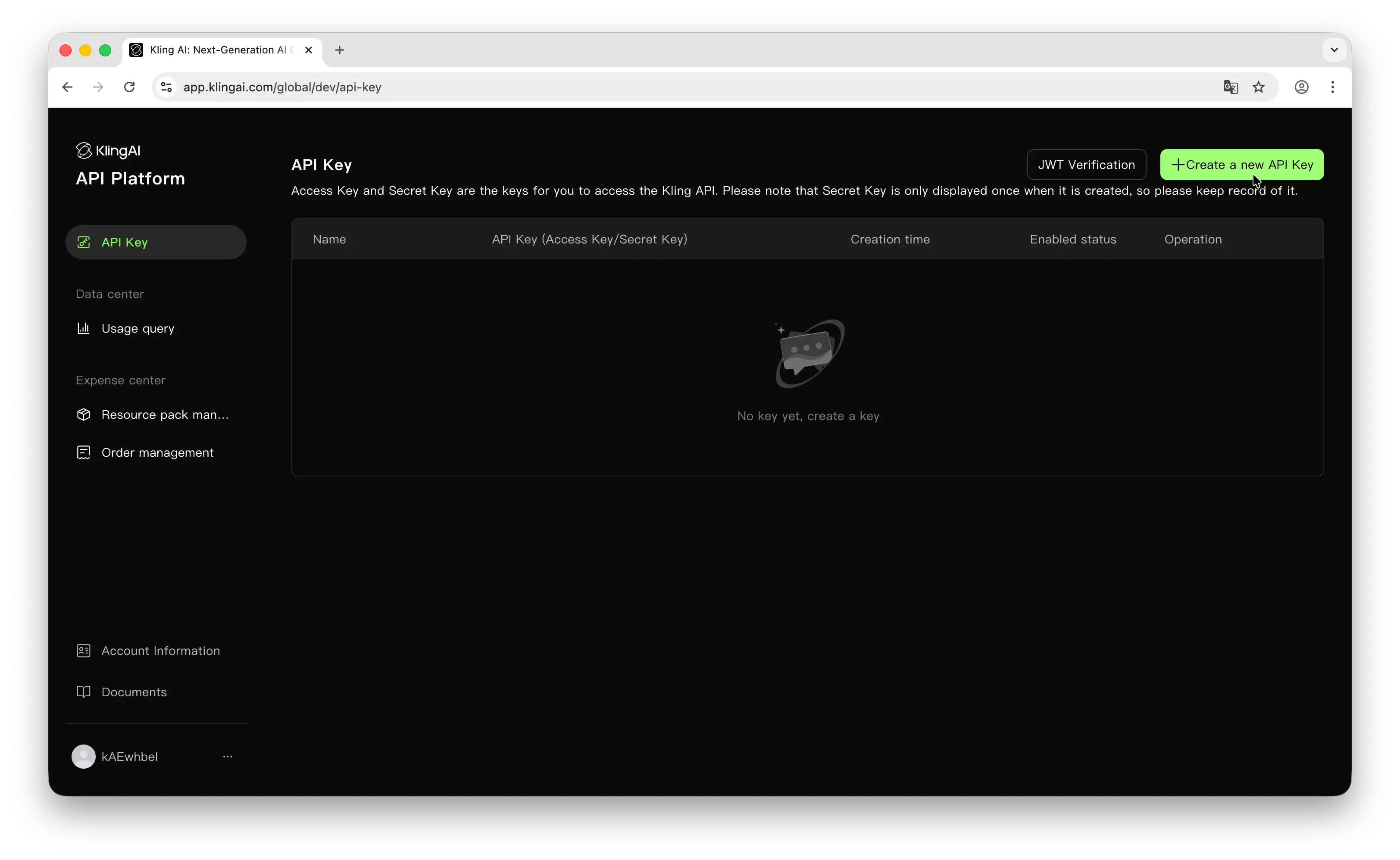 Kling AI API keys page