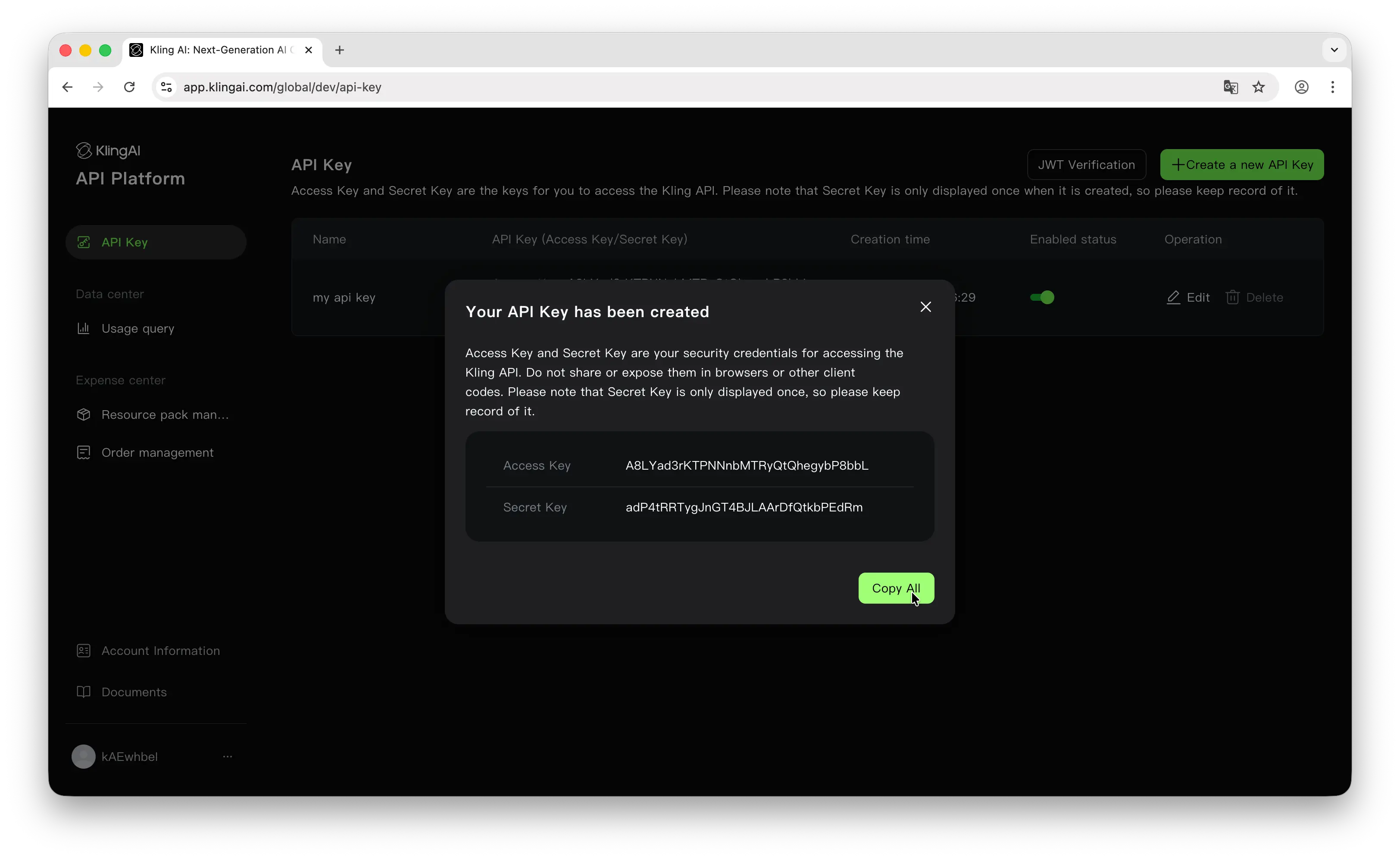 Kling AI access key and secret key