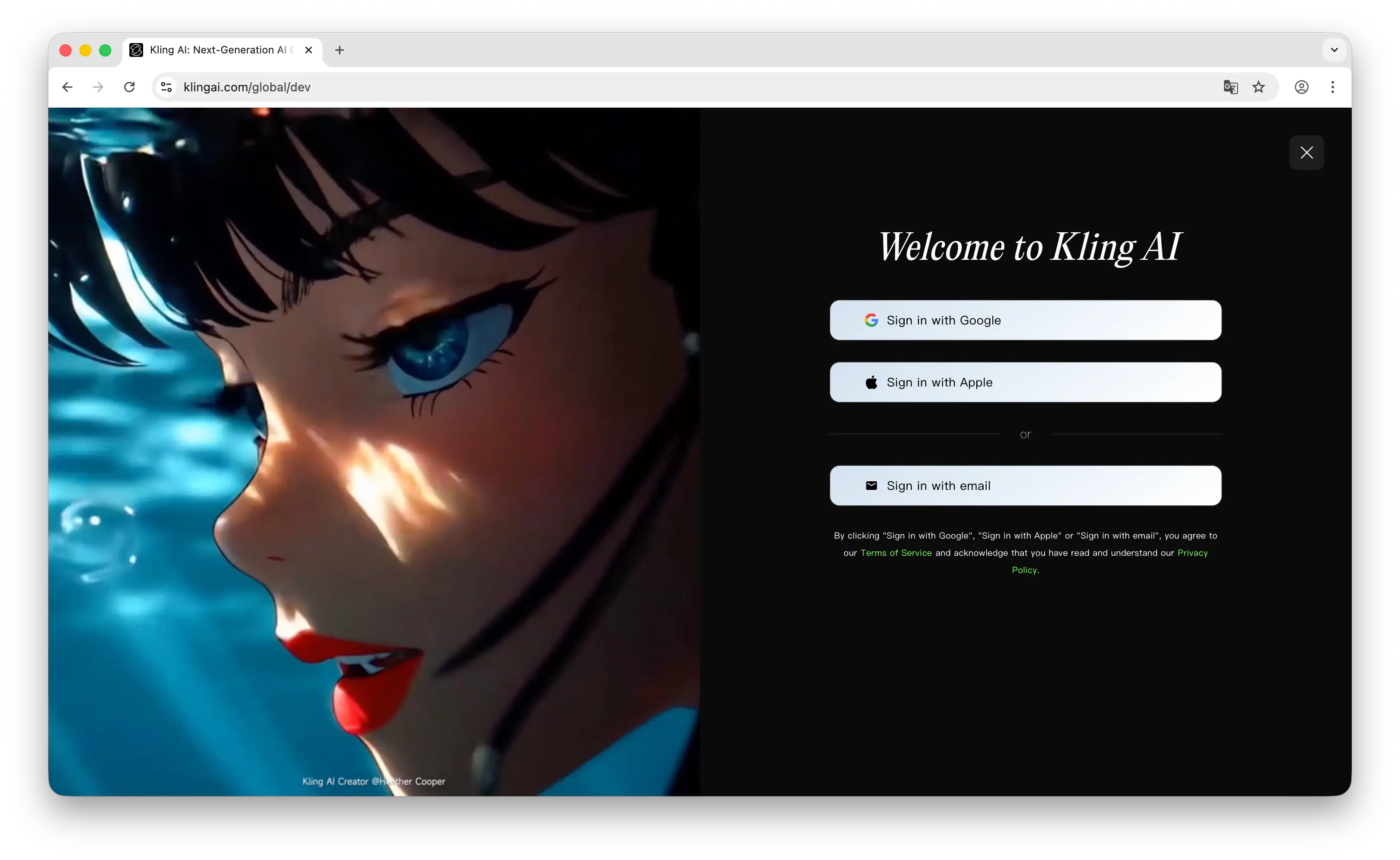 Kling AI sign-up page
