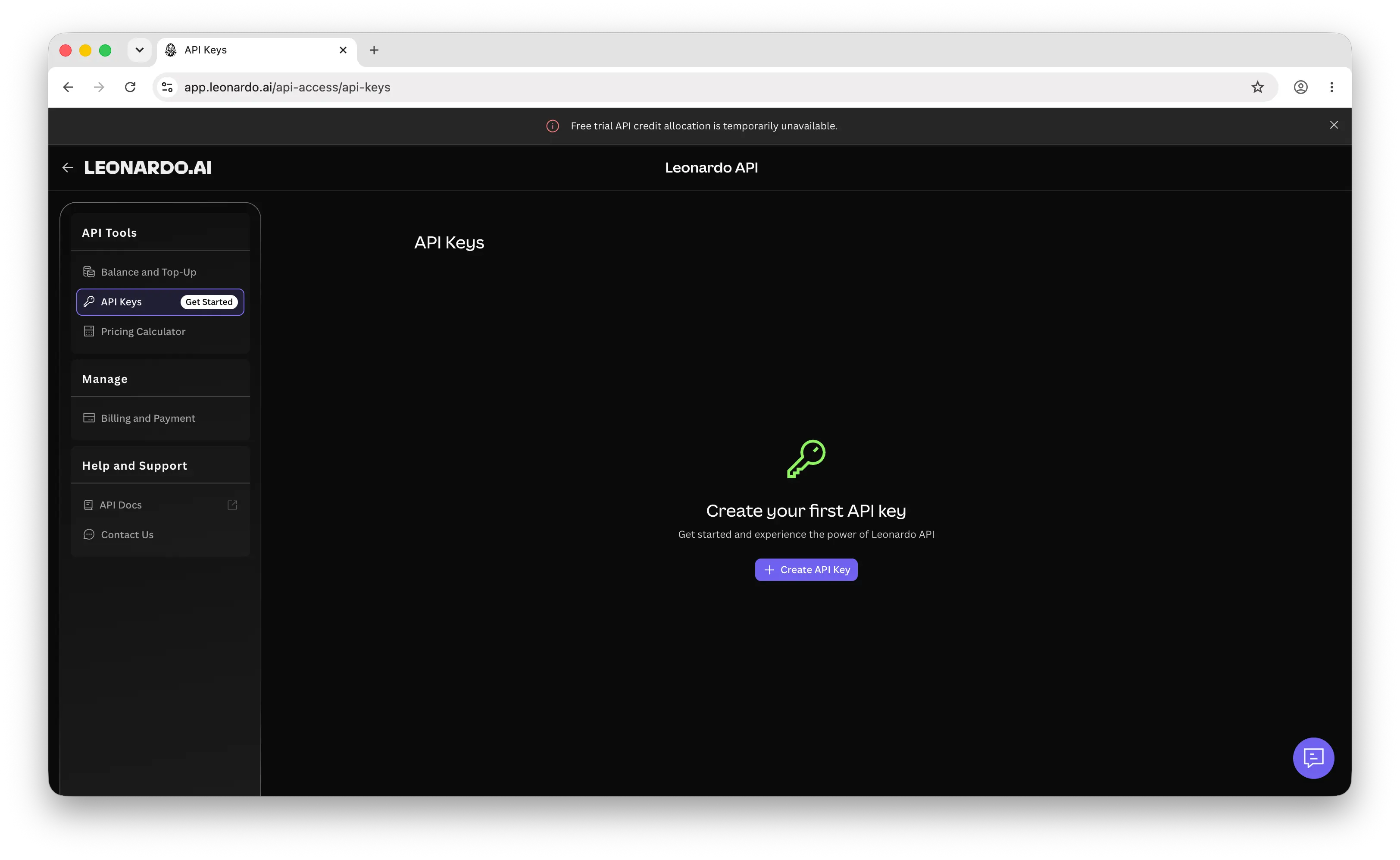 Leonardo.Ai API Keys page