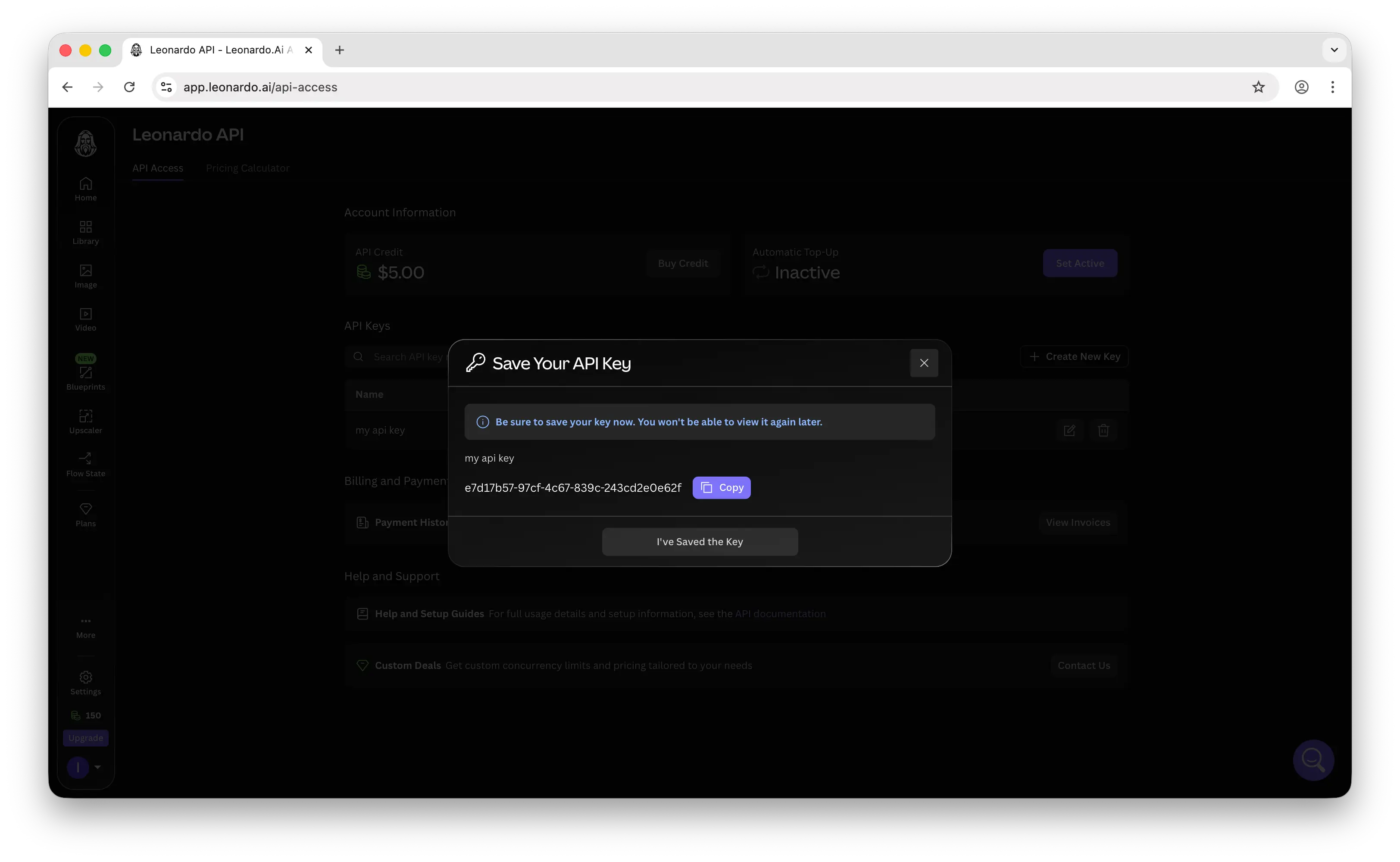 Leonardo.Ai API key revealed with copy button