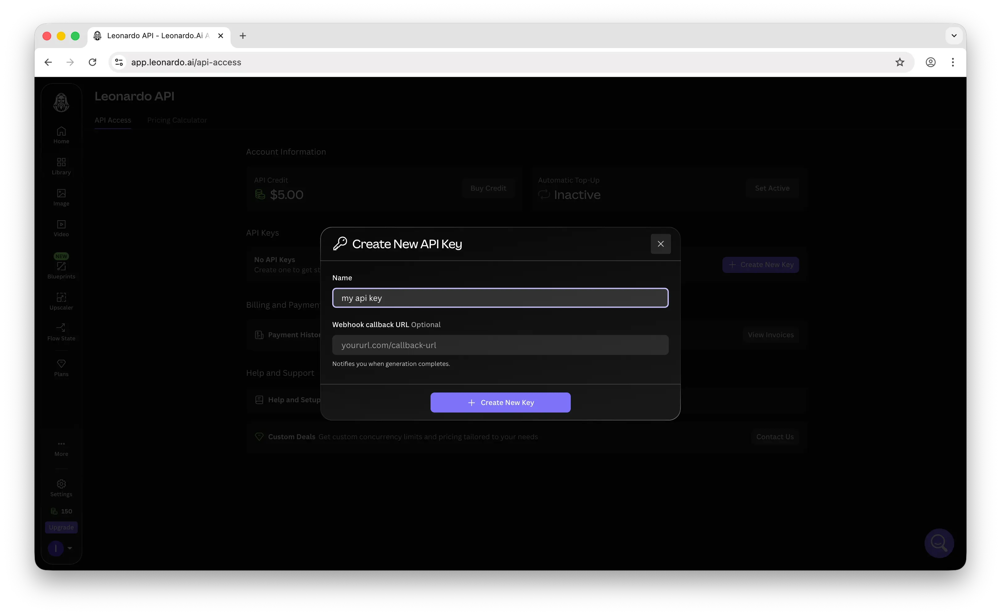 Leonardo.Ai create new API key dialog