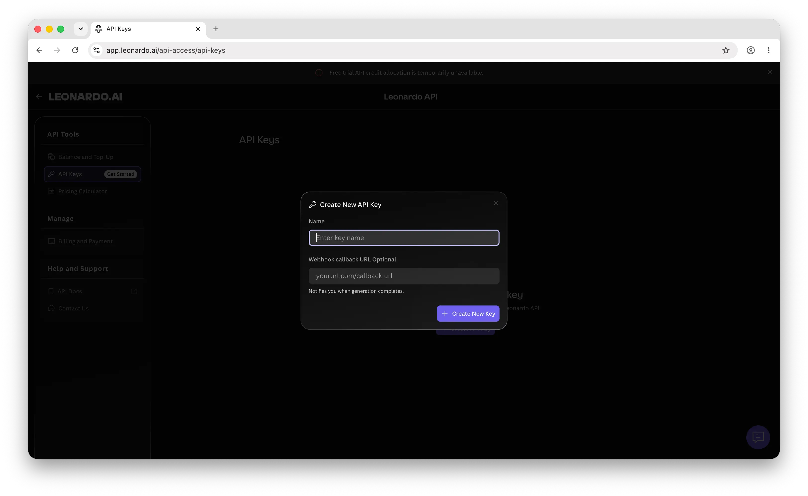Leonardo.Ai create new API key dialog