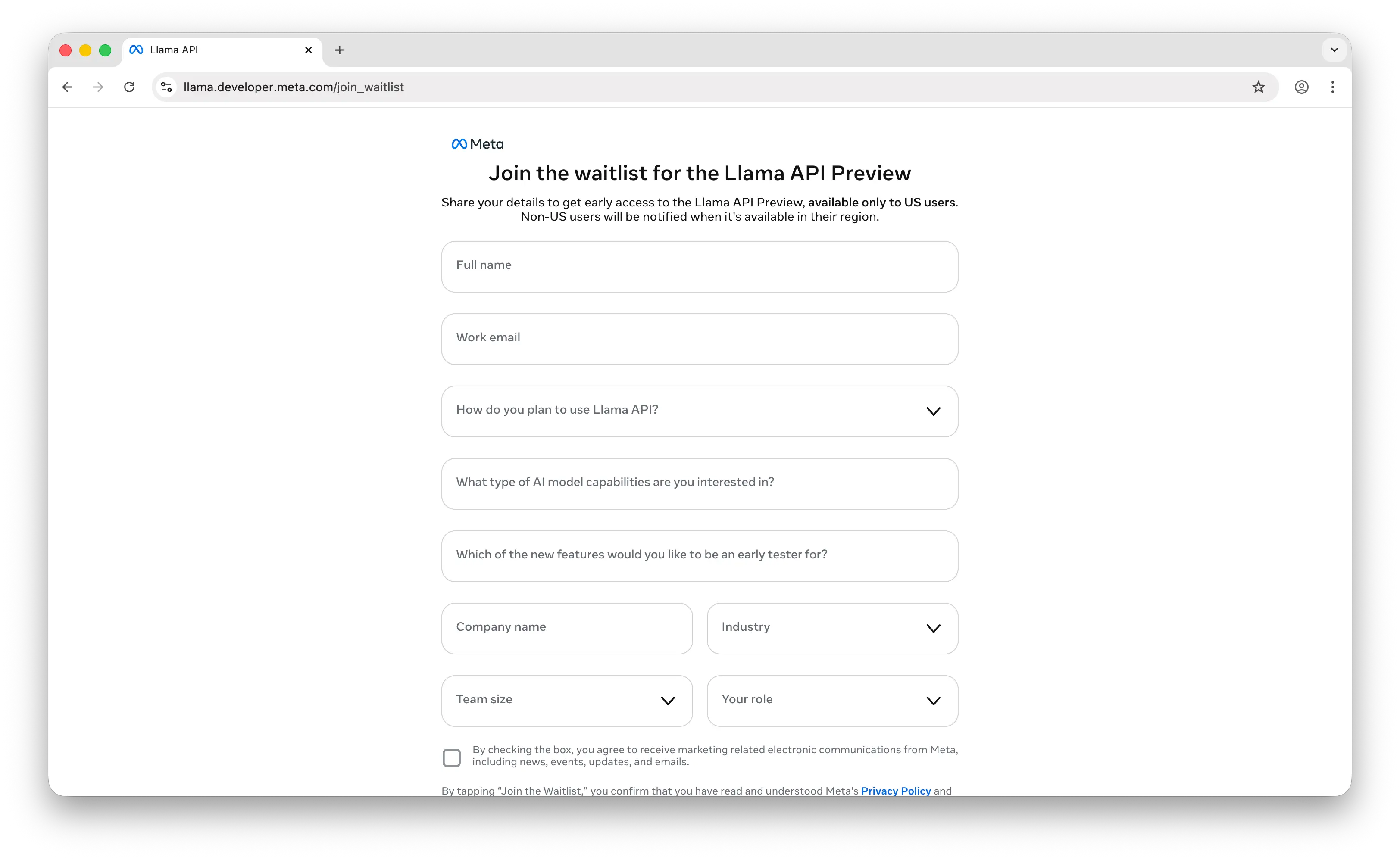 Meta Llama API waitlist