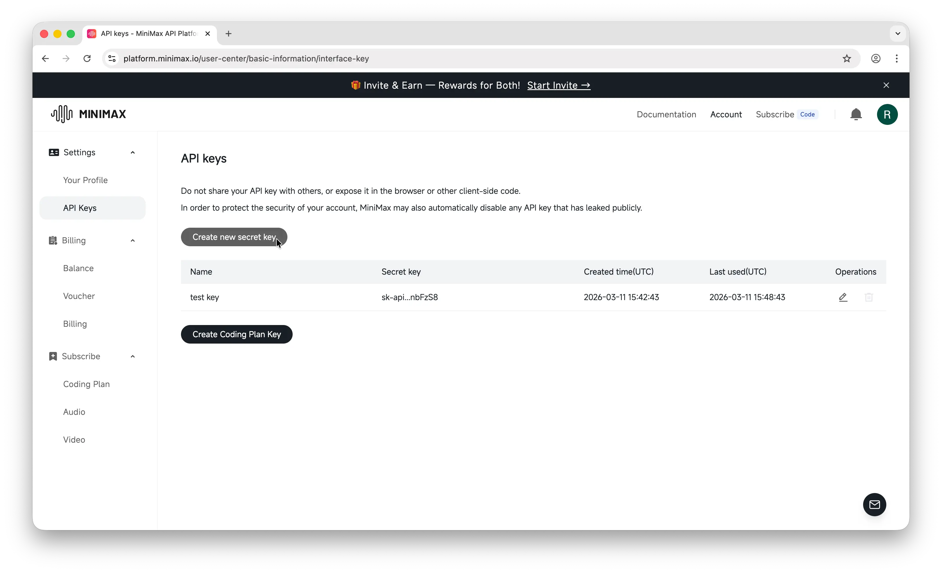 MiniMax API keys page