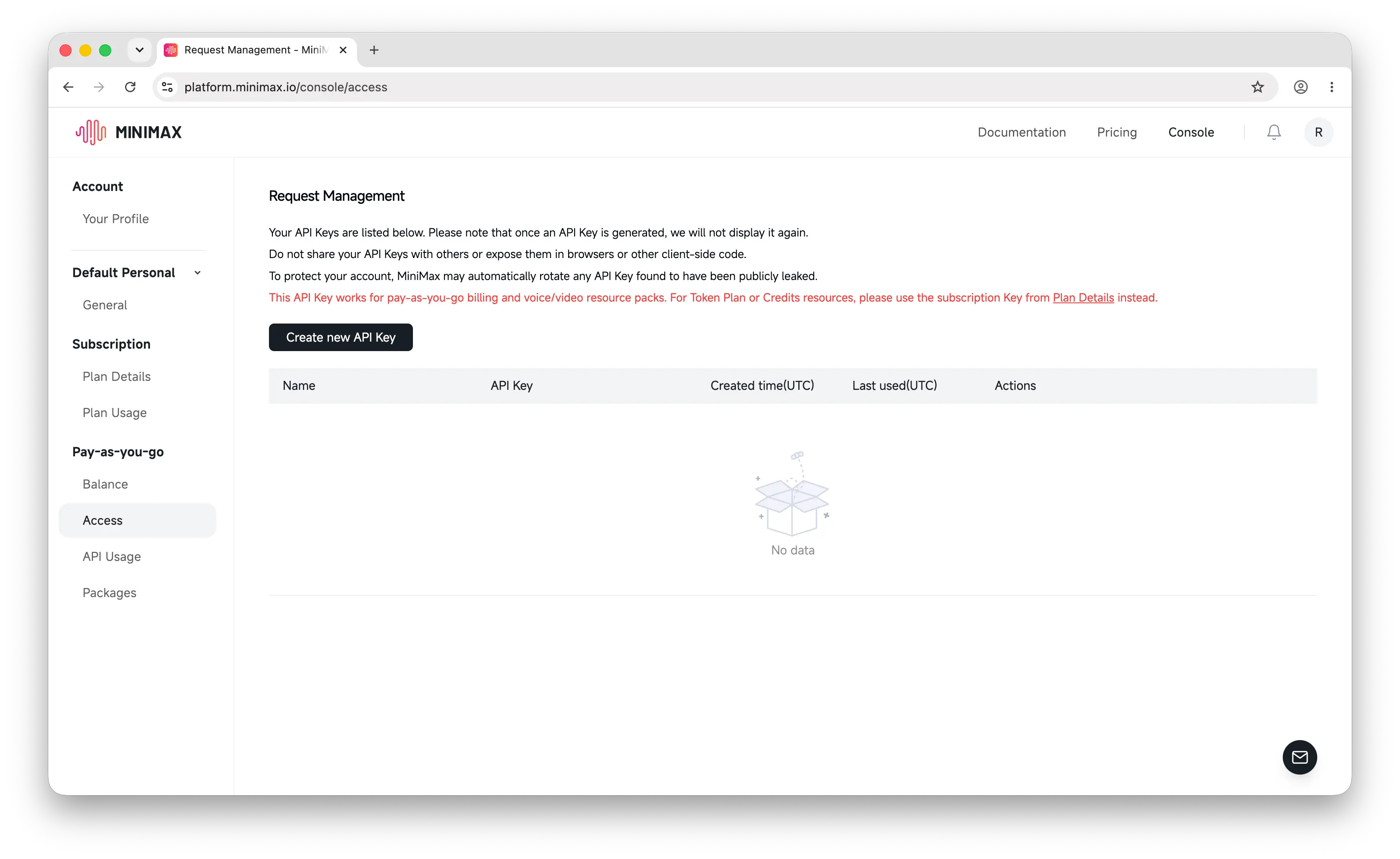 MiniMax API keys page