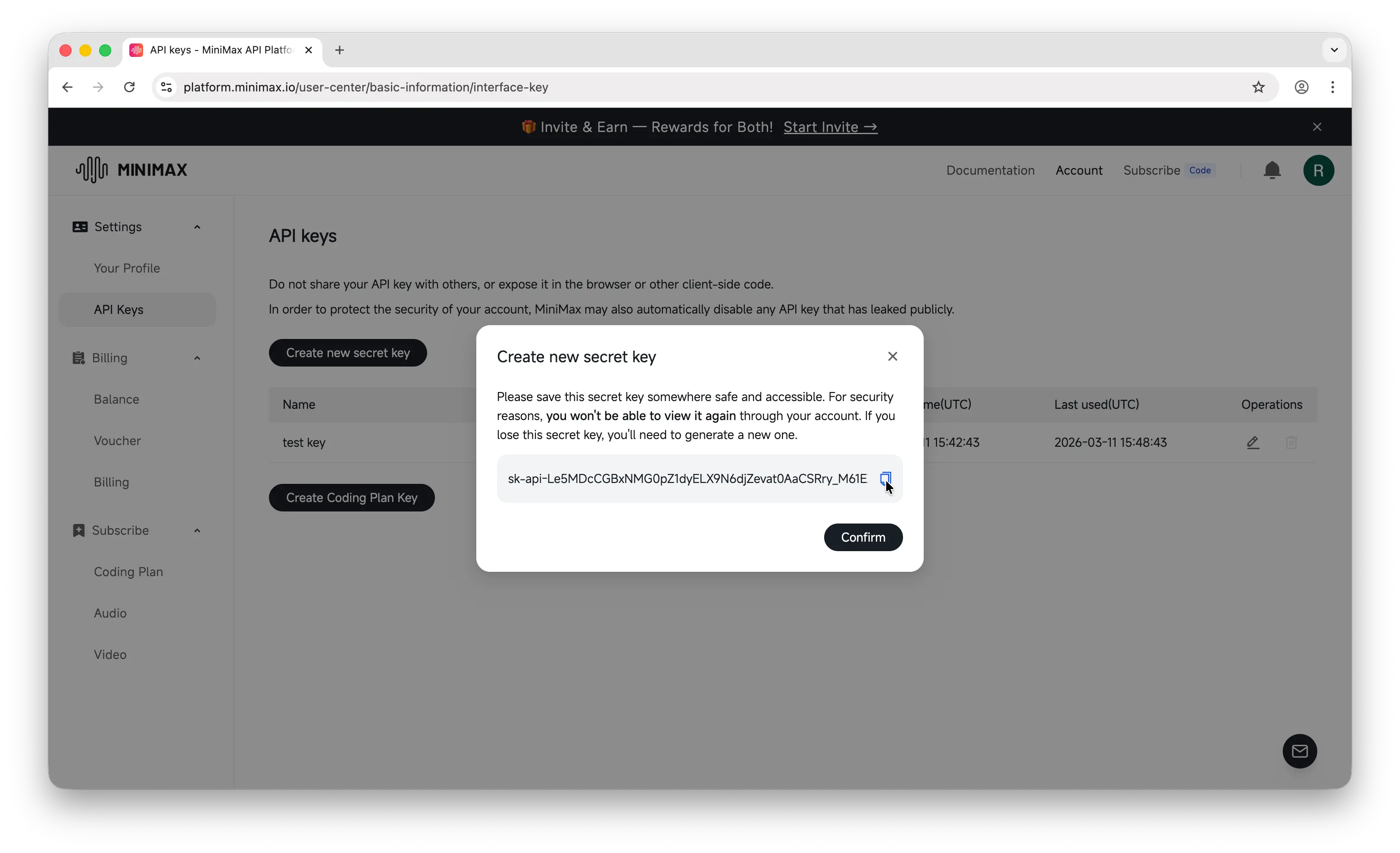 MiniMax API key revealed with copy button