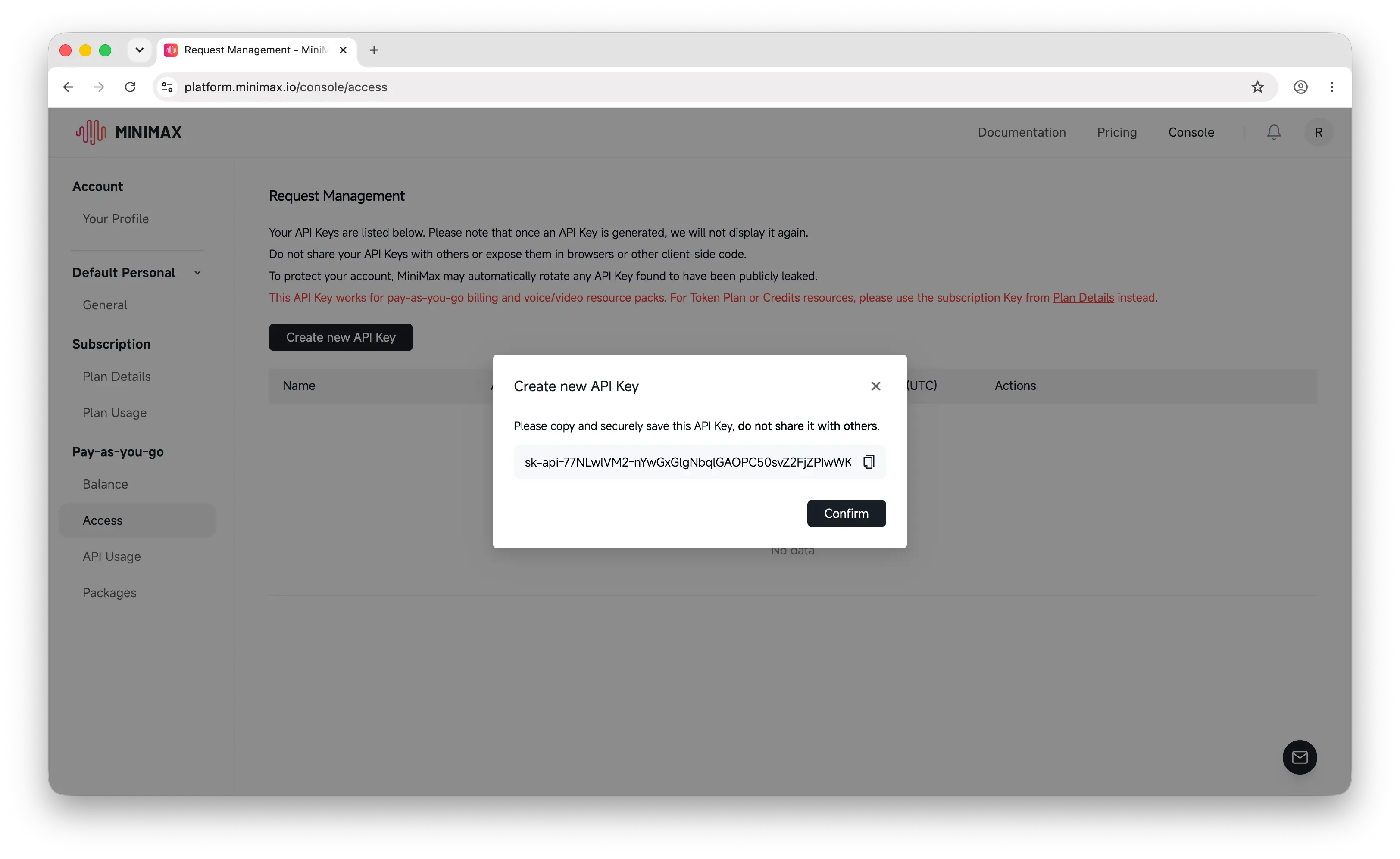 MiniMax API key revealed with copy button
