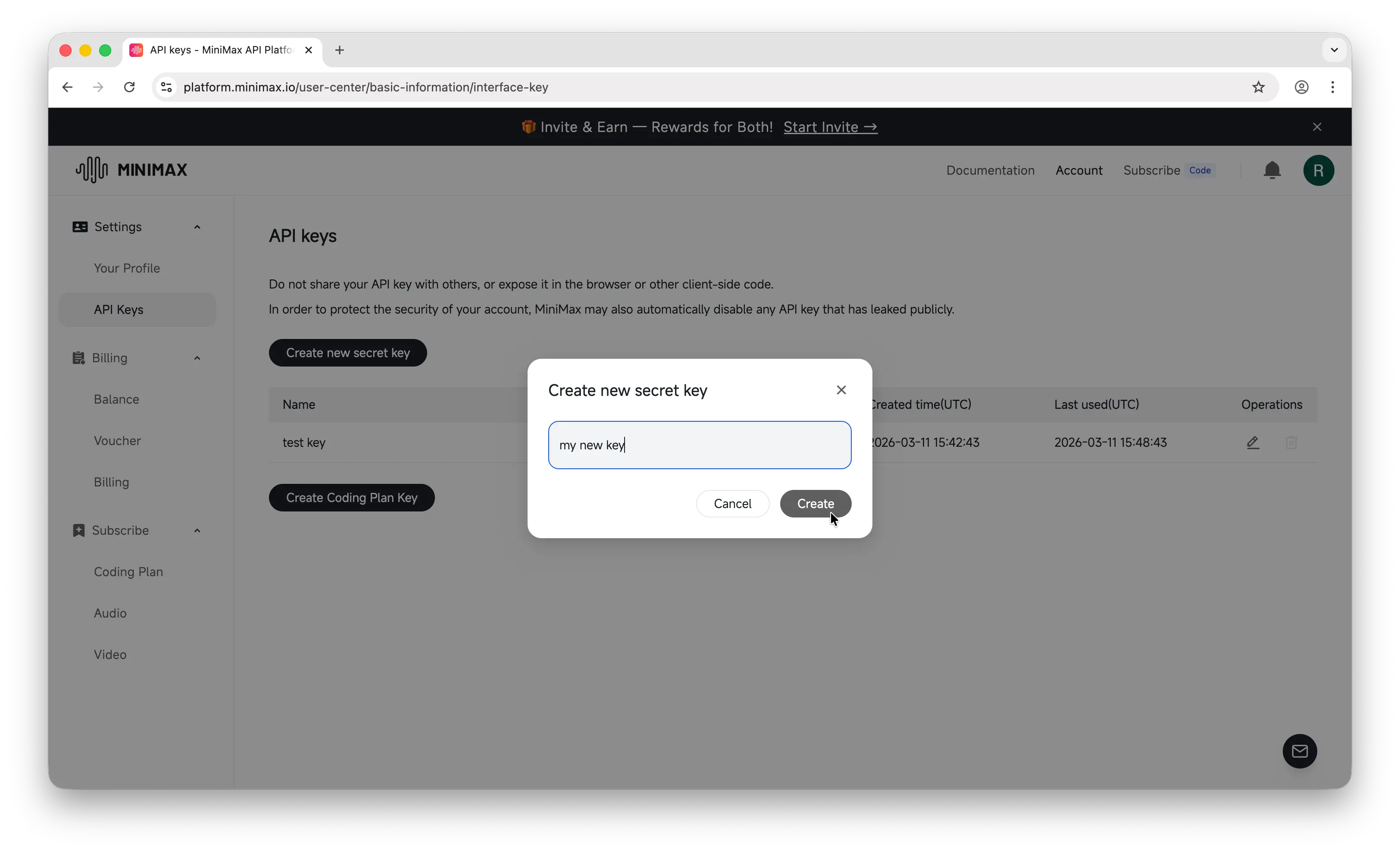 MiniMax create new secret key dialog