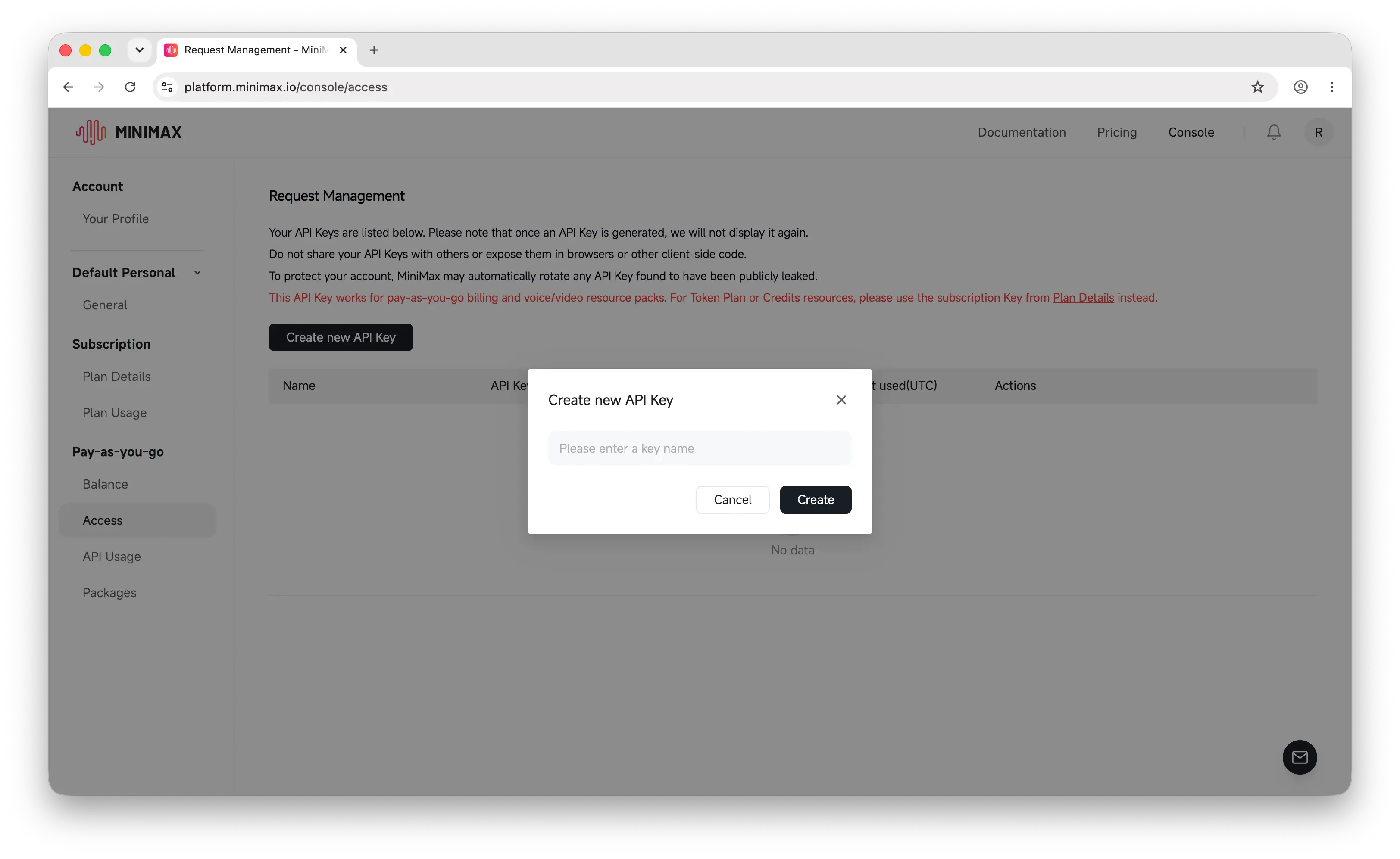 MiniMax create new API key dialog