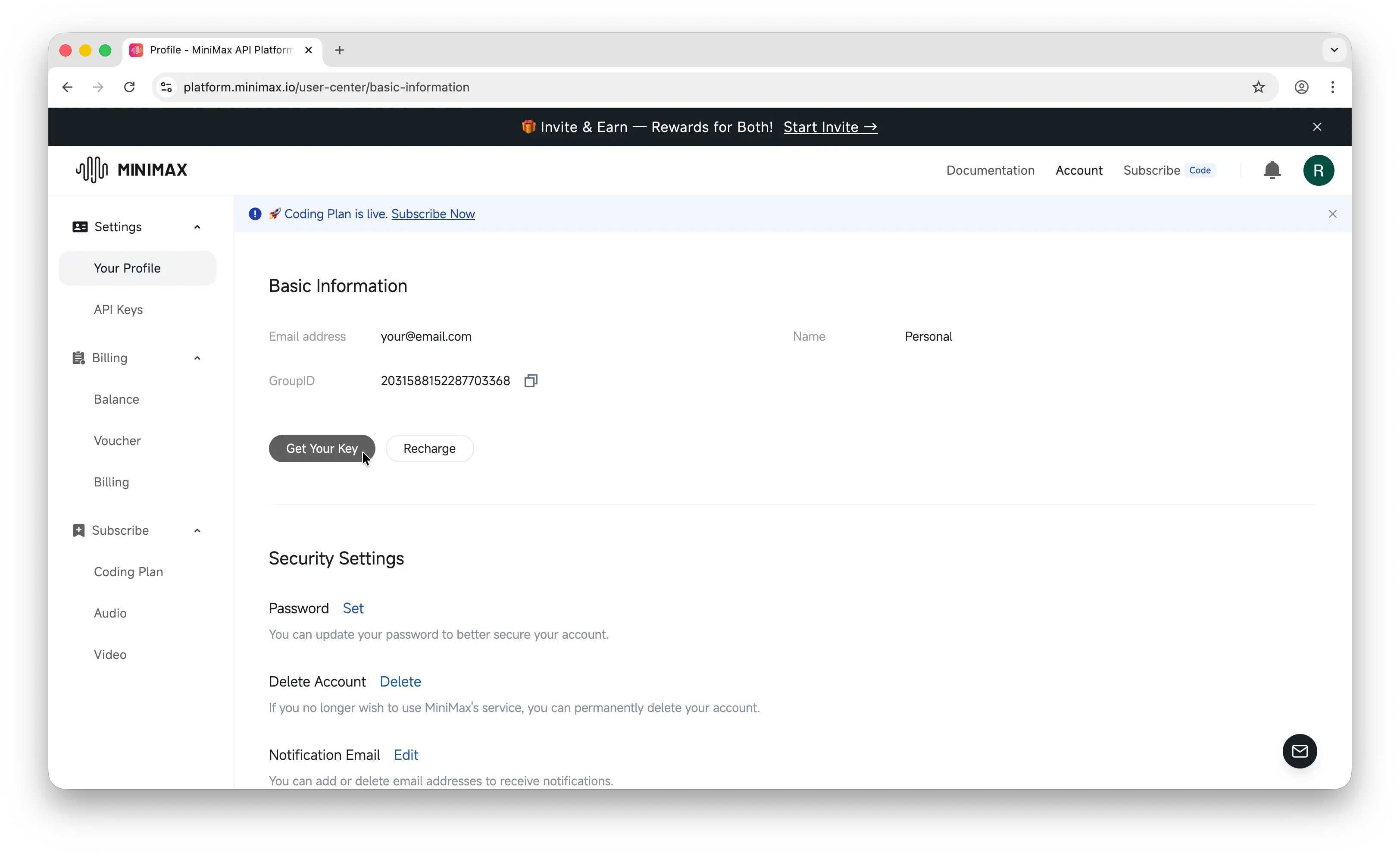 MiniMax API platform dashboard