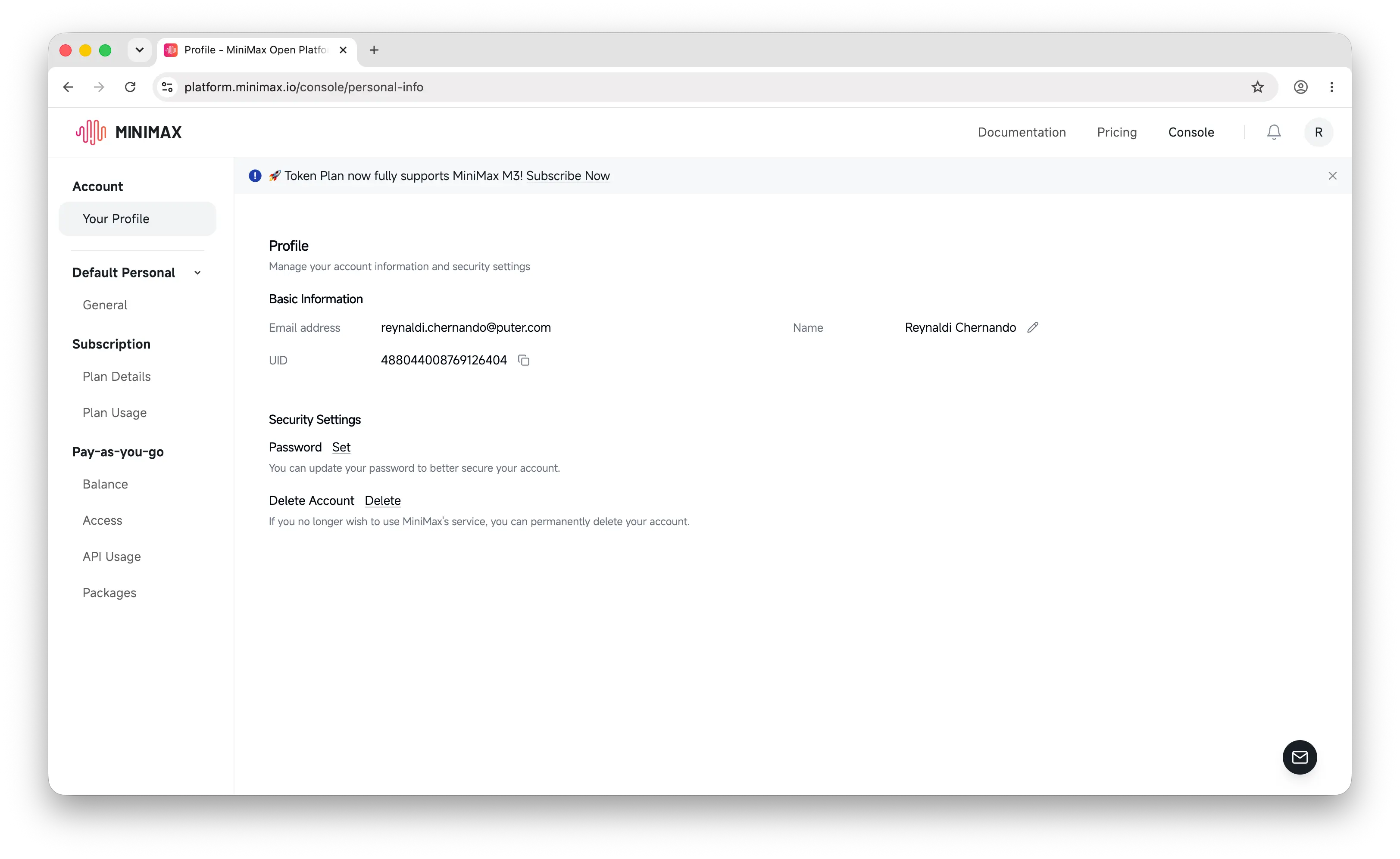 MiniMax API platform dashboard