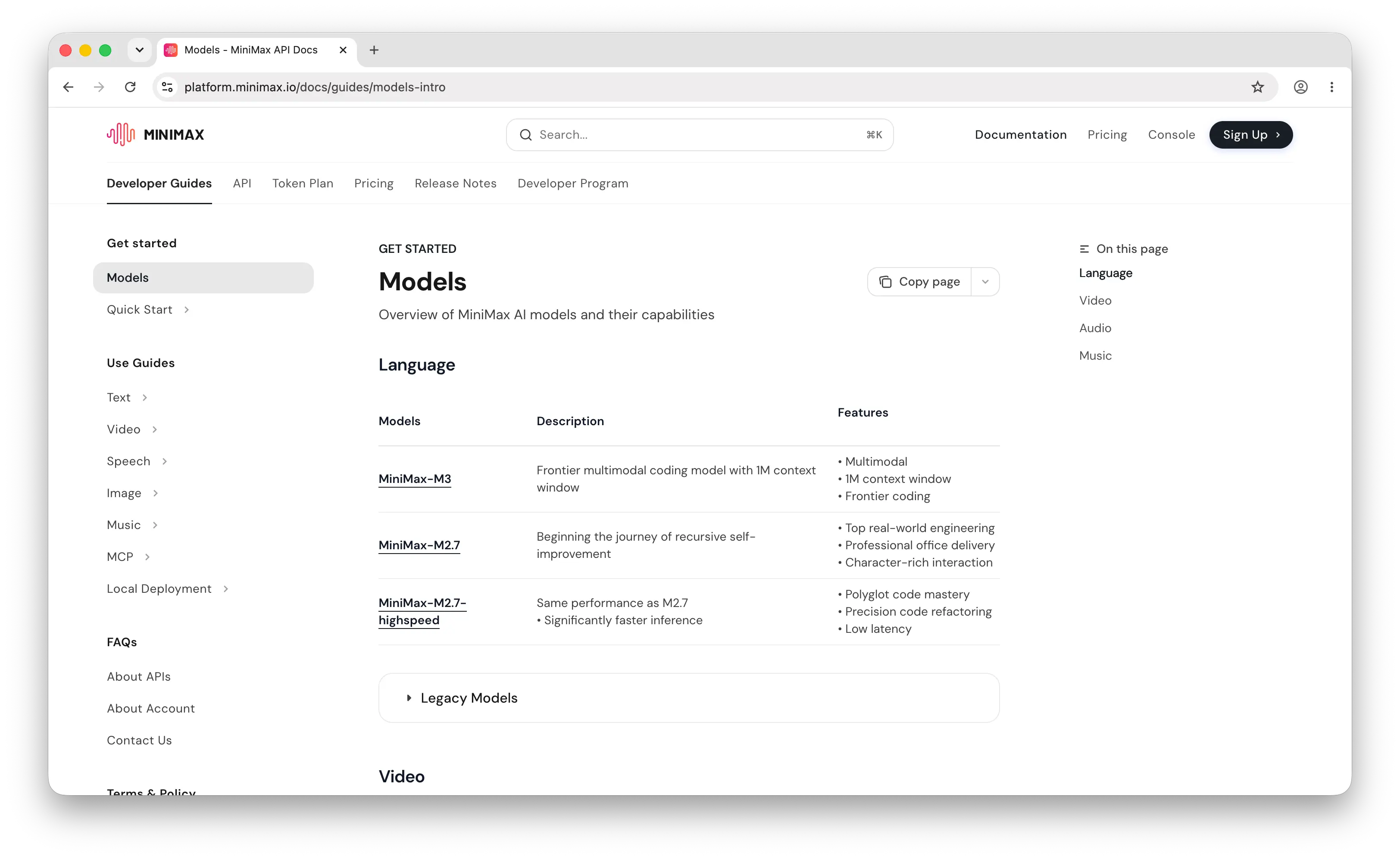MiniMax developer platform page
