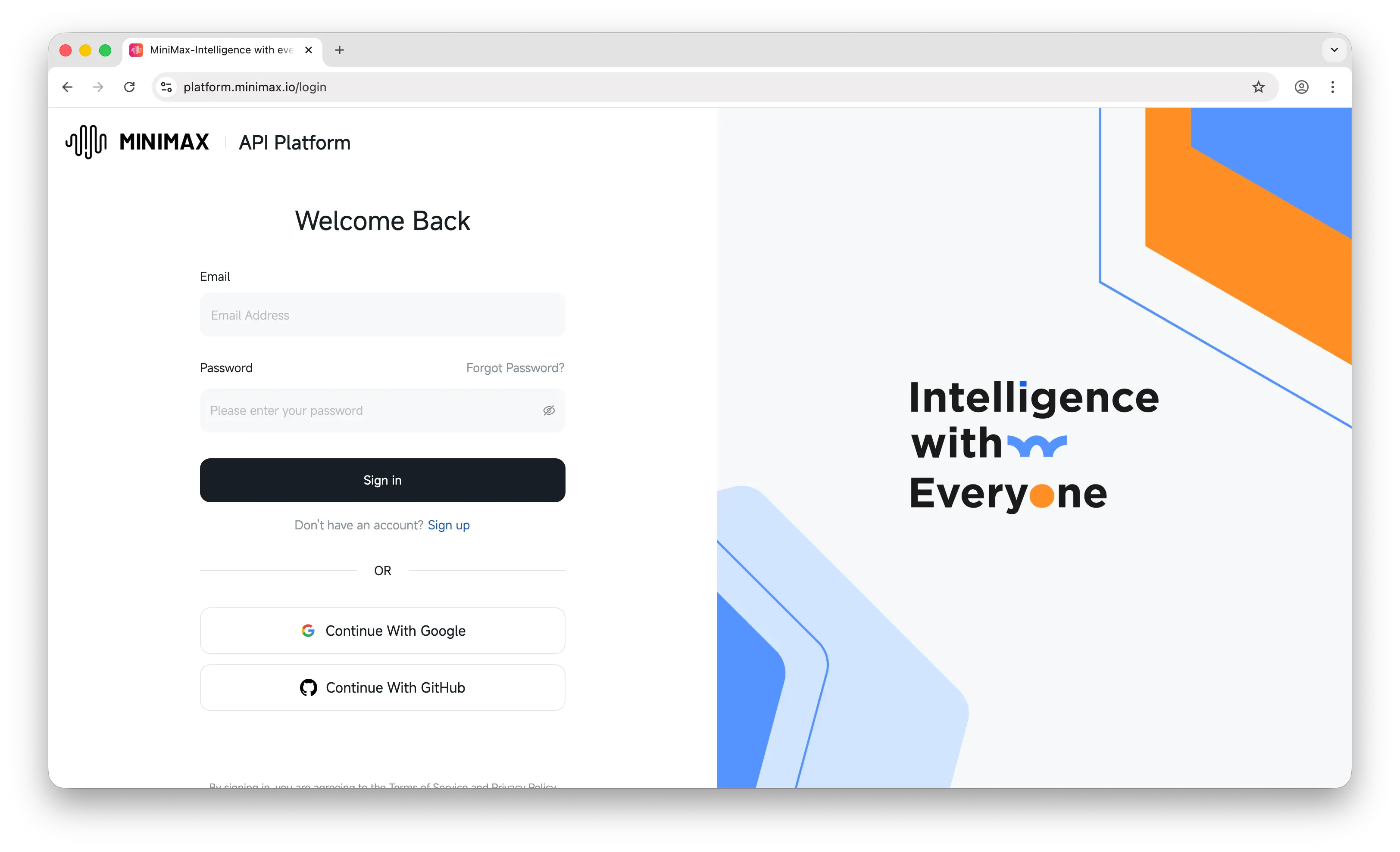 MiniMax platform sign-up page