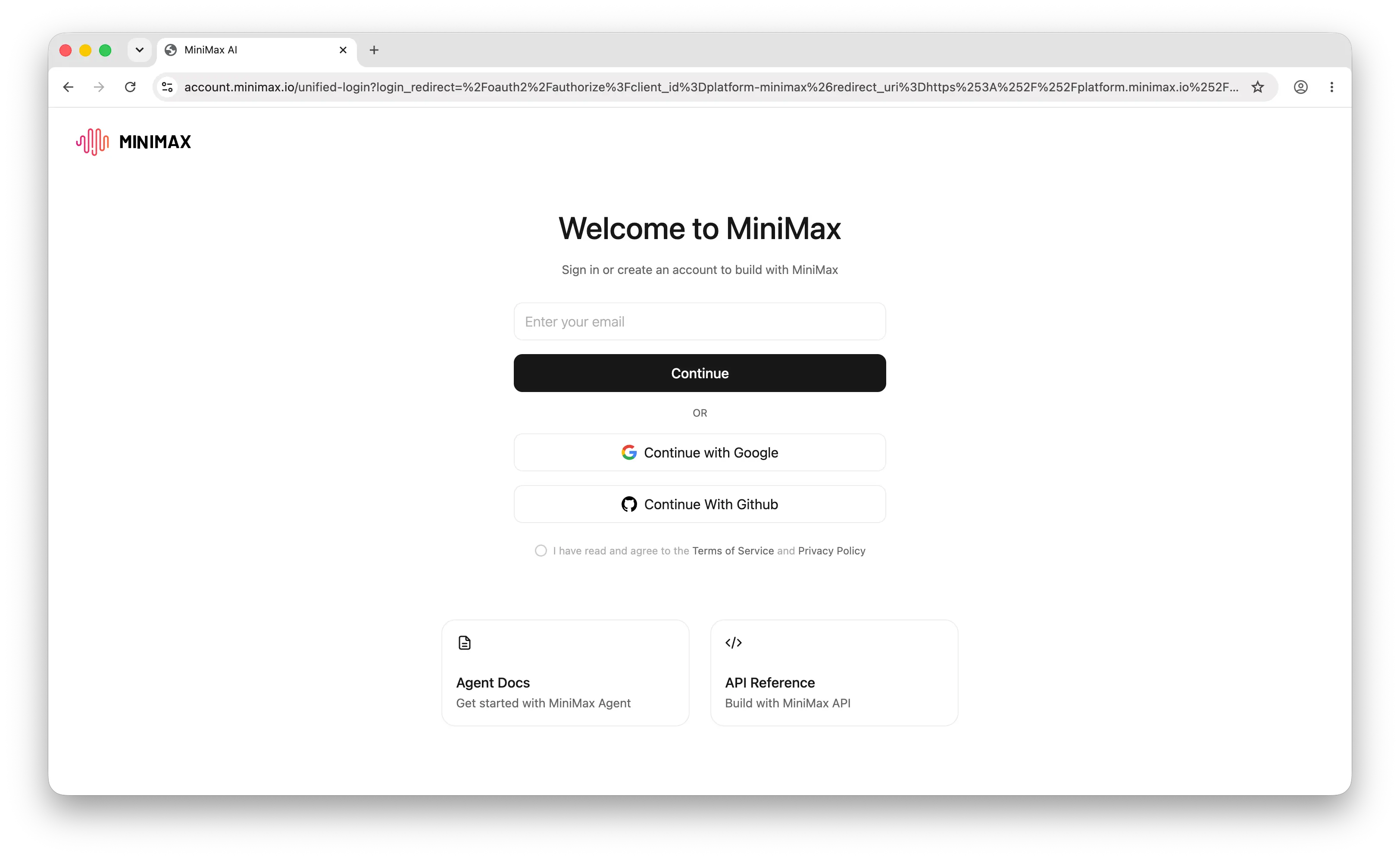 MiniMax platform sign-up page