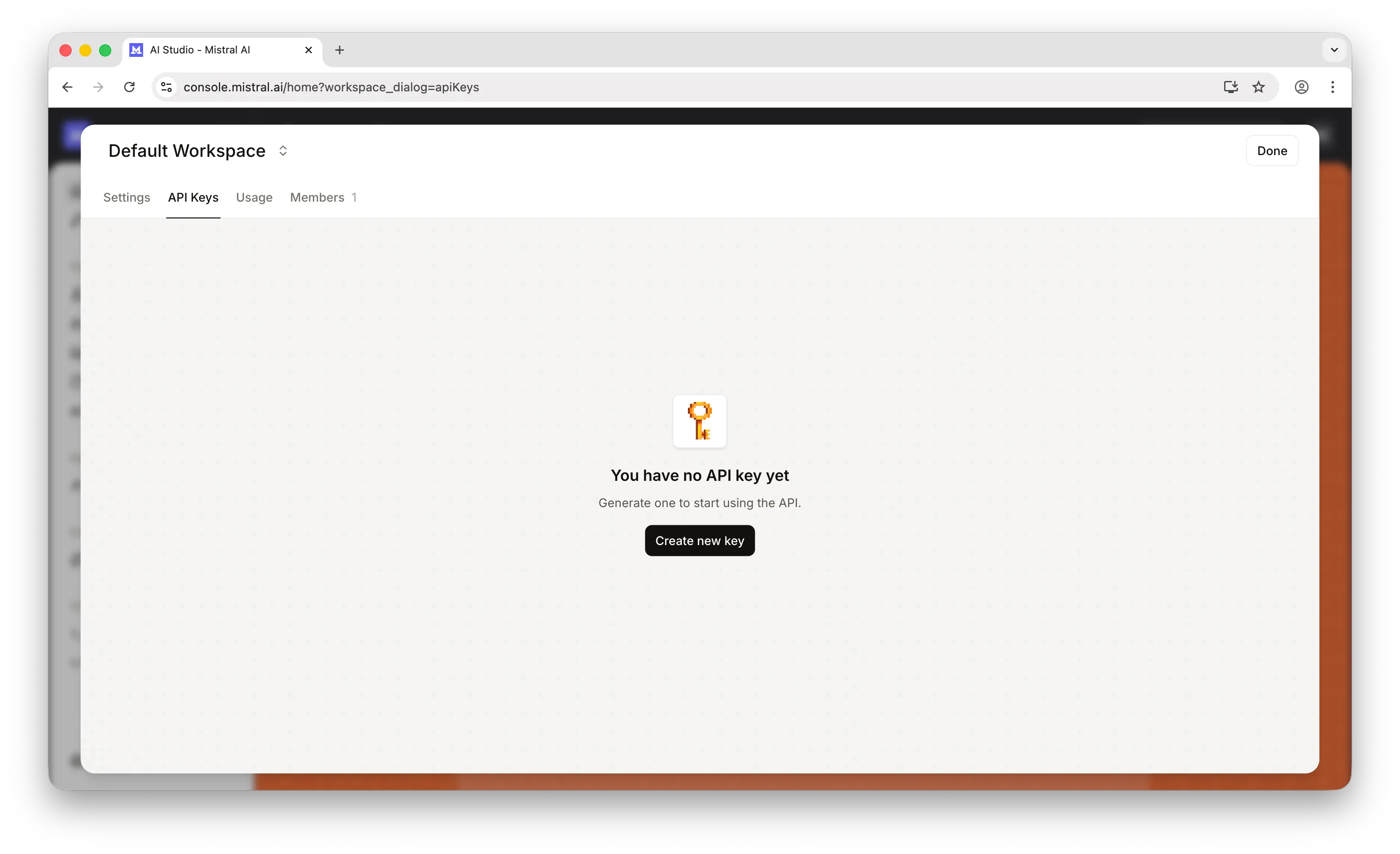 Mistral API keys page in the sidebar