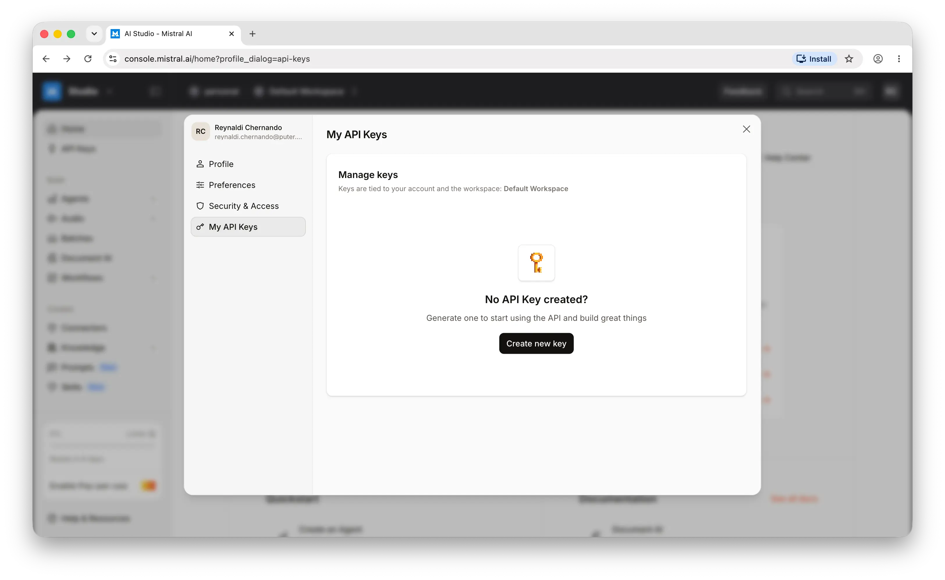 Mistral API keys page in the sidebar