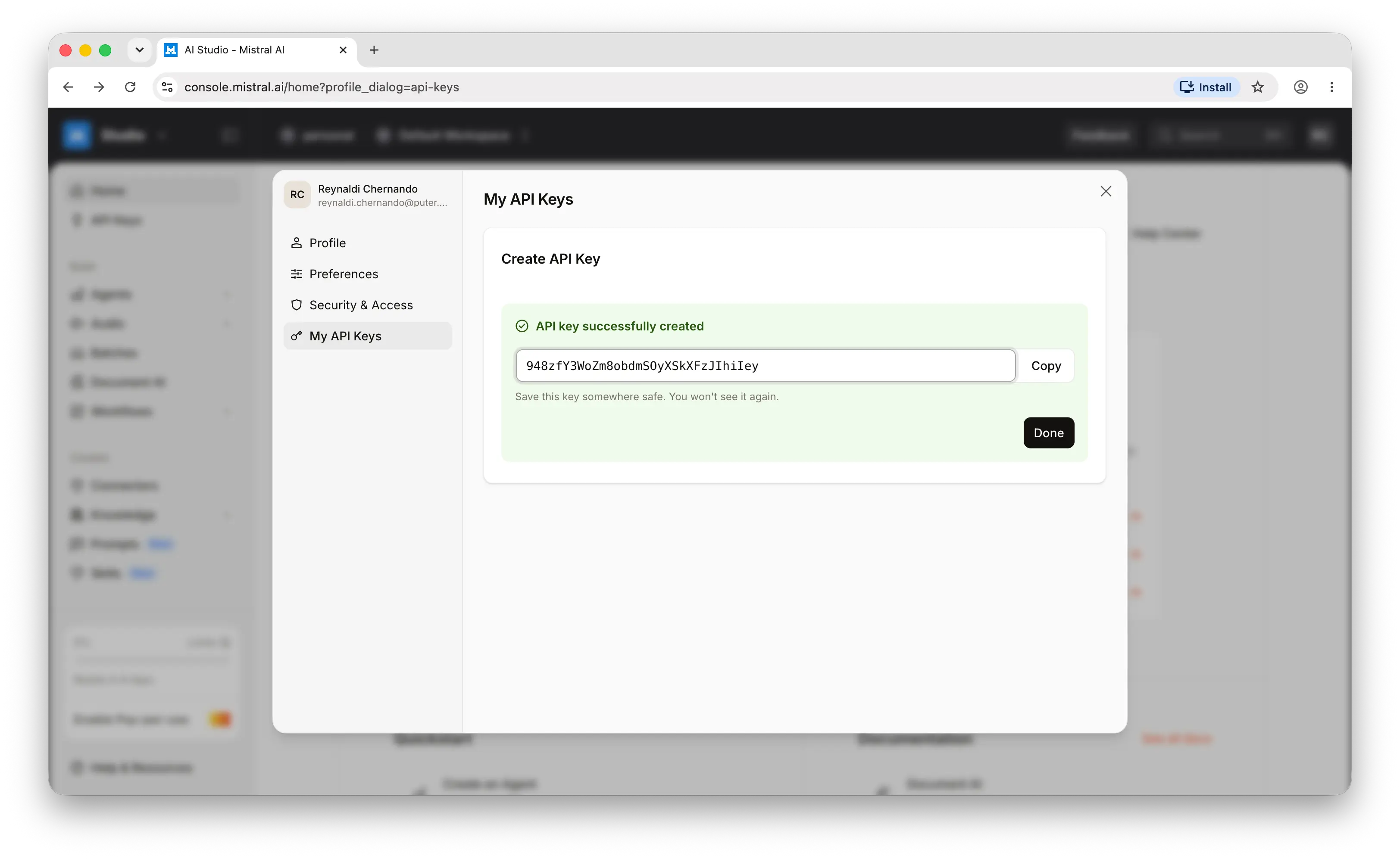 Mistral API key revealed with copy button
