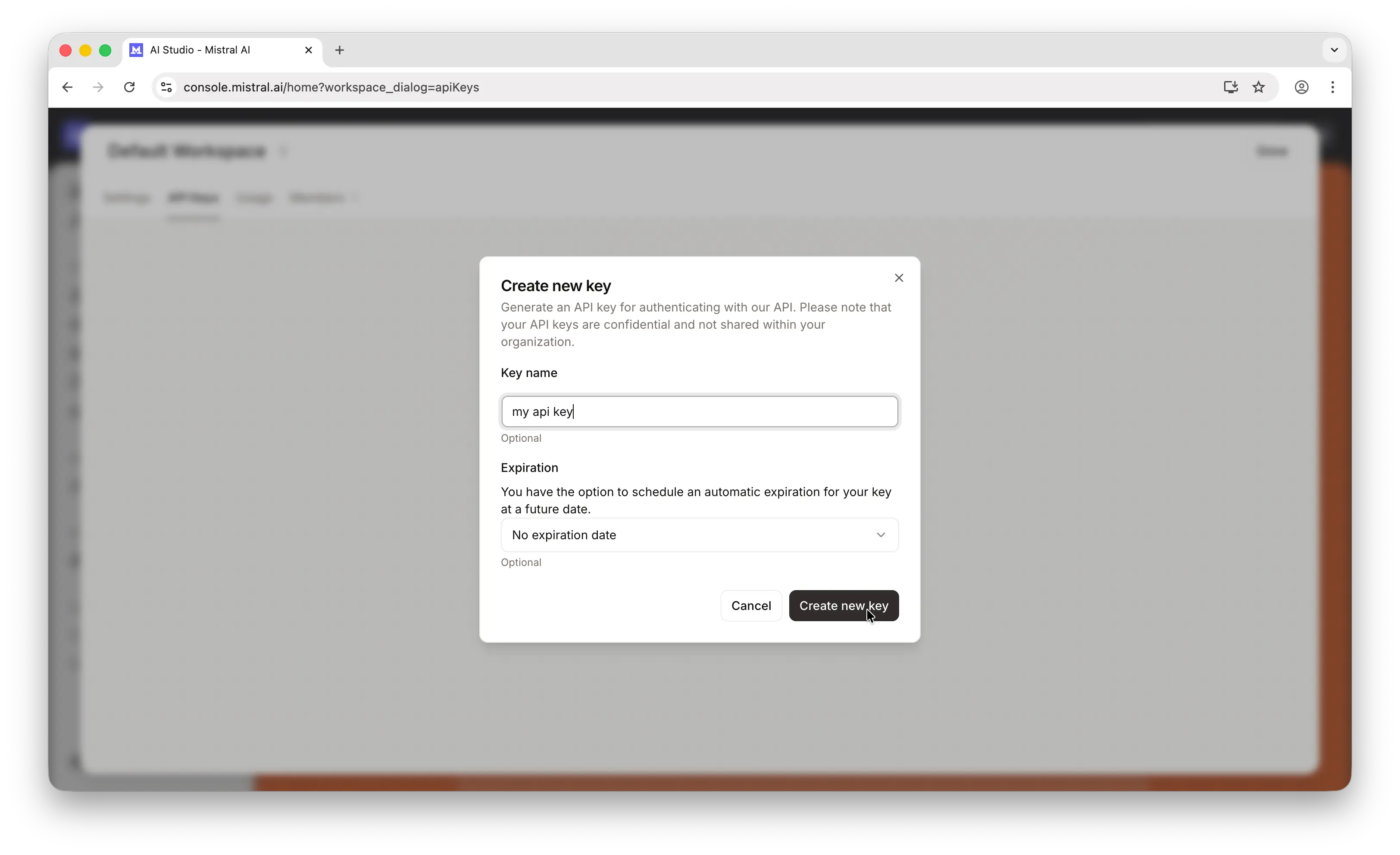 Mistral create new API key dialog