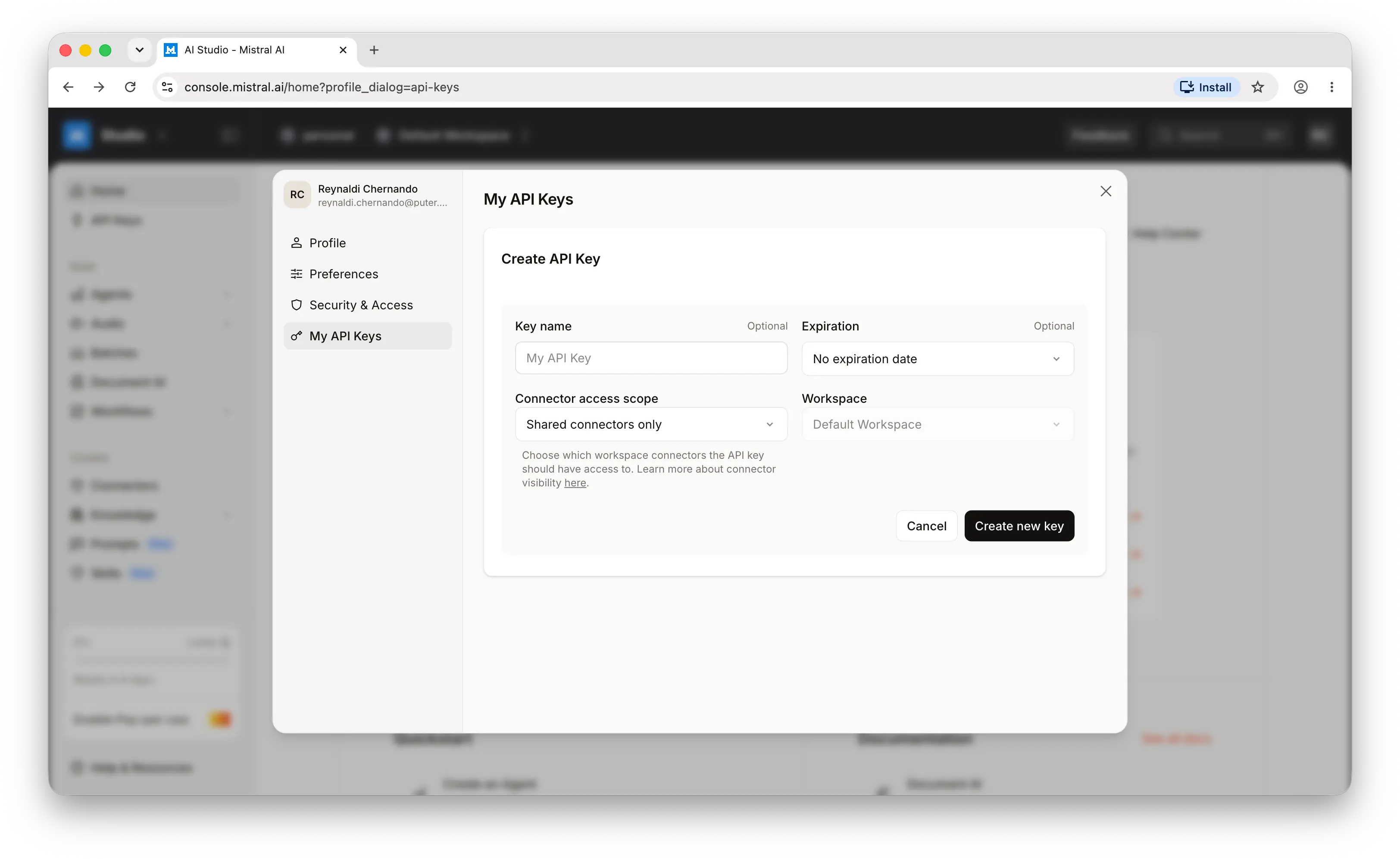 Mistral create new API key dialog