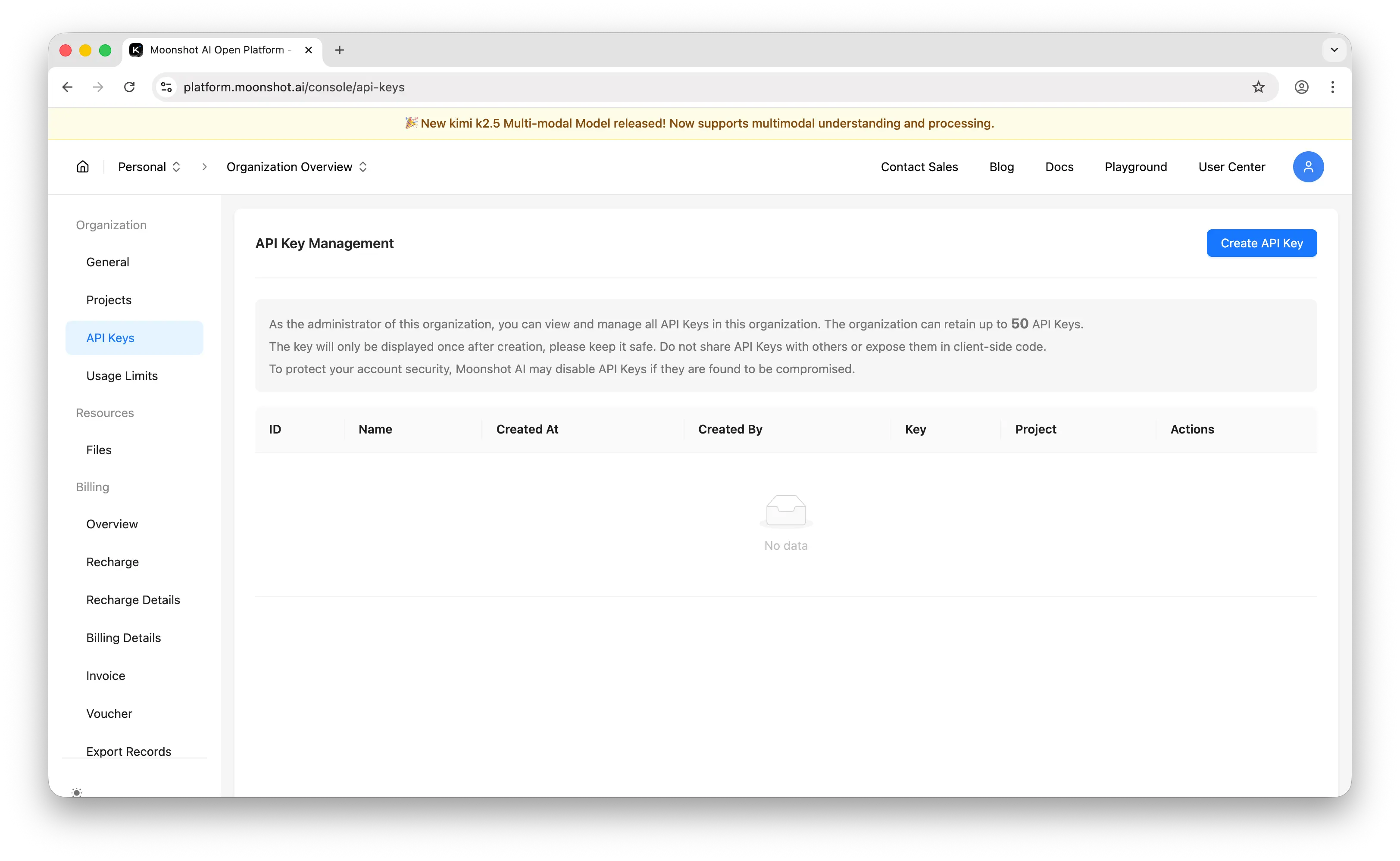 Moonshot AI API keys page
